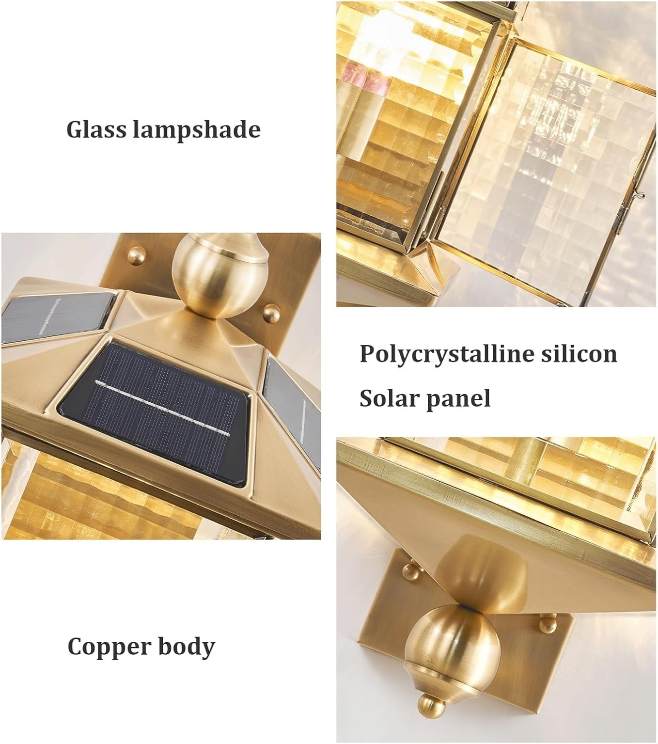 Outdoor Wall Lantern, Vintage Brass Wall Sconce, Waterproof IP55 Exterior Mount Lamp with Patterned Glass, E27 Socket, Solar Powered Lighting Fixture for Garden Villa Courtyard Gate Cottage