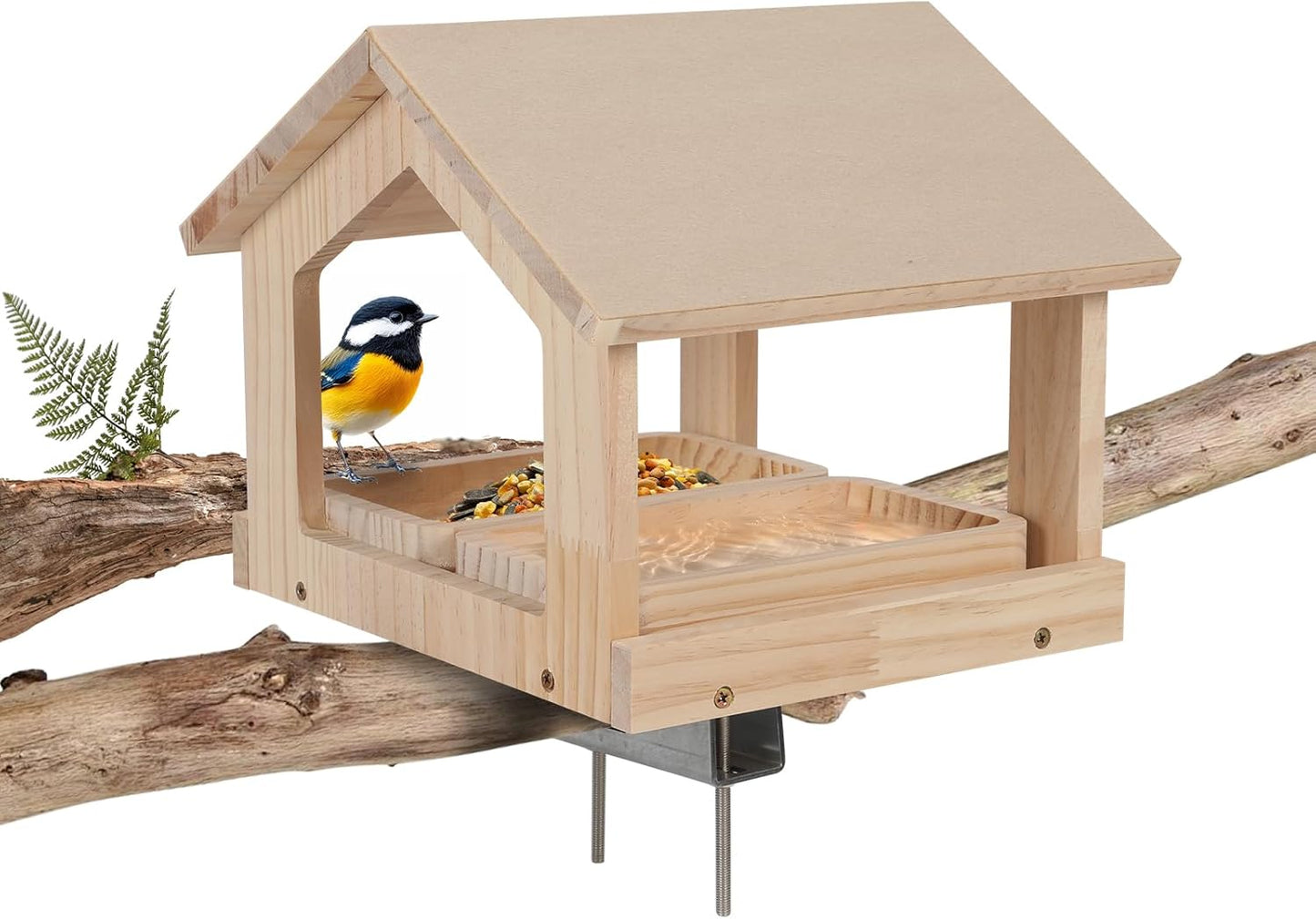 Wooden Bird Feeder with 2 Trays Metal Bracket Railing Mount Balcony Birdfeeder Large Capacity Weatherproof Platform Wild Bird Feeding House for Cardinals Finches Garden Yard Decoration