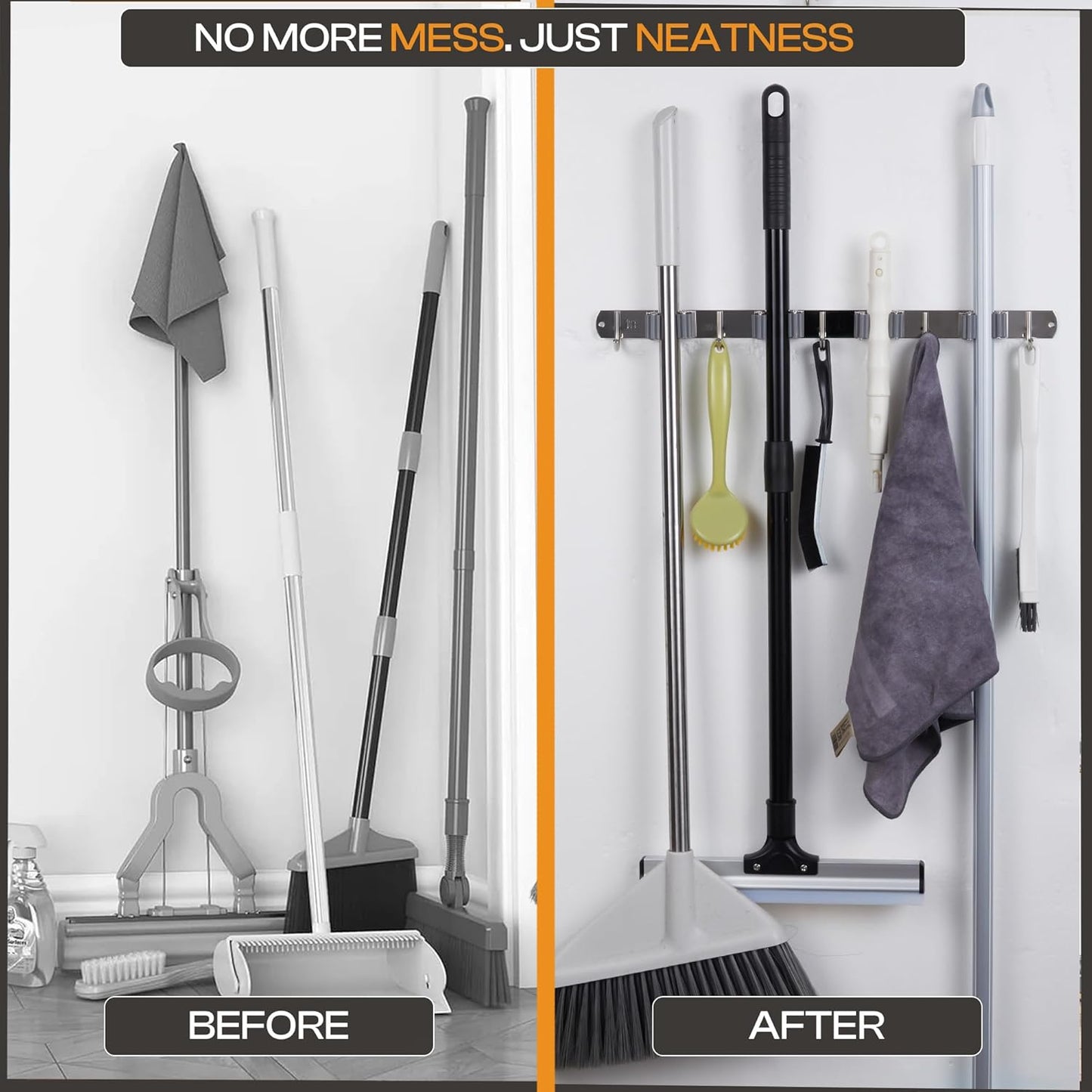 Heavy-Duty Stainless-Steel Broom Holder Wall Mount with 4 Racks and 5 Hooks | Rust Resistant Mop and Broom Hanger | Adjustable, Garage & Garden Tool Organizer | Silver Color