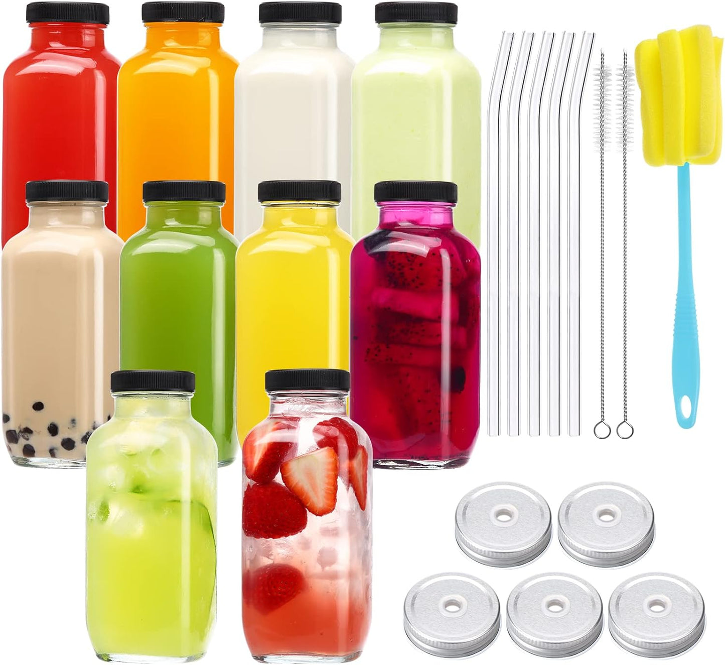 CUCUMI 10pcs 16oz Glass Juice Bottles with Lids, Reusable Juice Containers Drinking Jars Water Cups with Brush, Glass Straws, Lids with Hole | 10pcs, with Lids, Reusable, Juice Containers, Drinking Jars, Water Cups