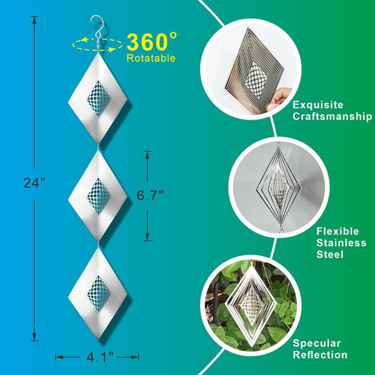 Shiny Metal Bird Reflectors Wind Spinners 360° Wind-Spinning Quiet Reflective Bird Deterrent Decor for Small Yard Orchard Bird-Prone Areas (Diamond-Shaped/Silver / 9 Pcs / 3 Set)