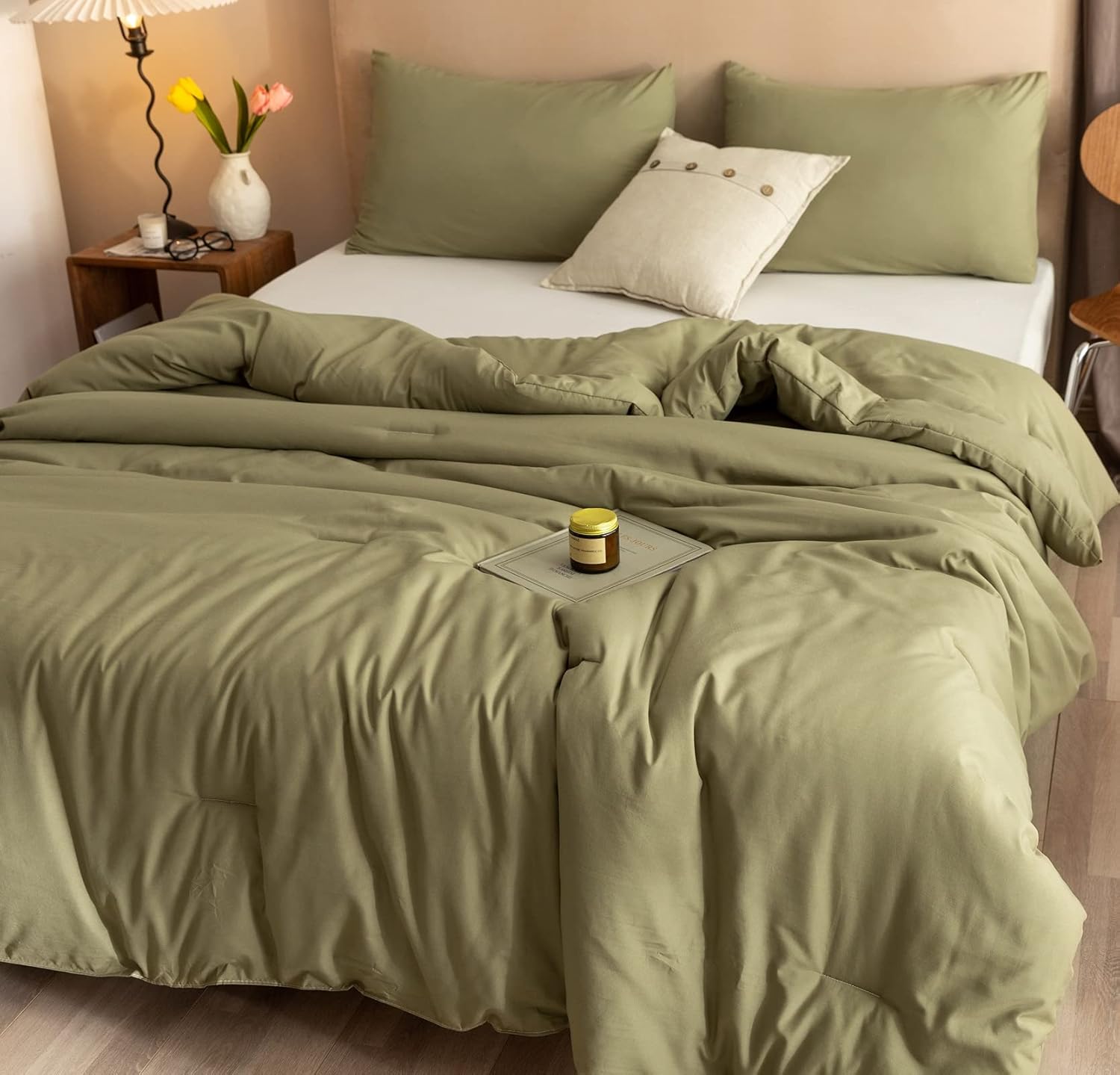 ROSGONIA Queen Comforter Set Olive Green, 3pcs Bedding Sets Queen (1 B