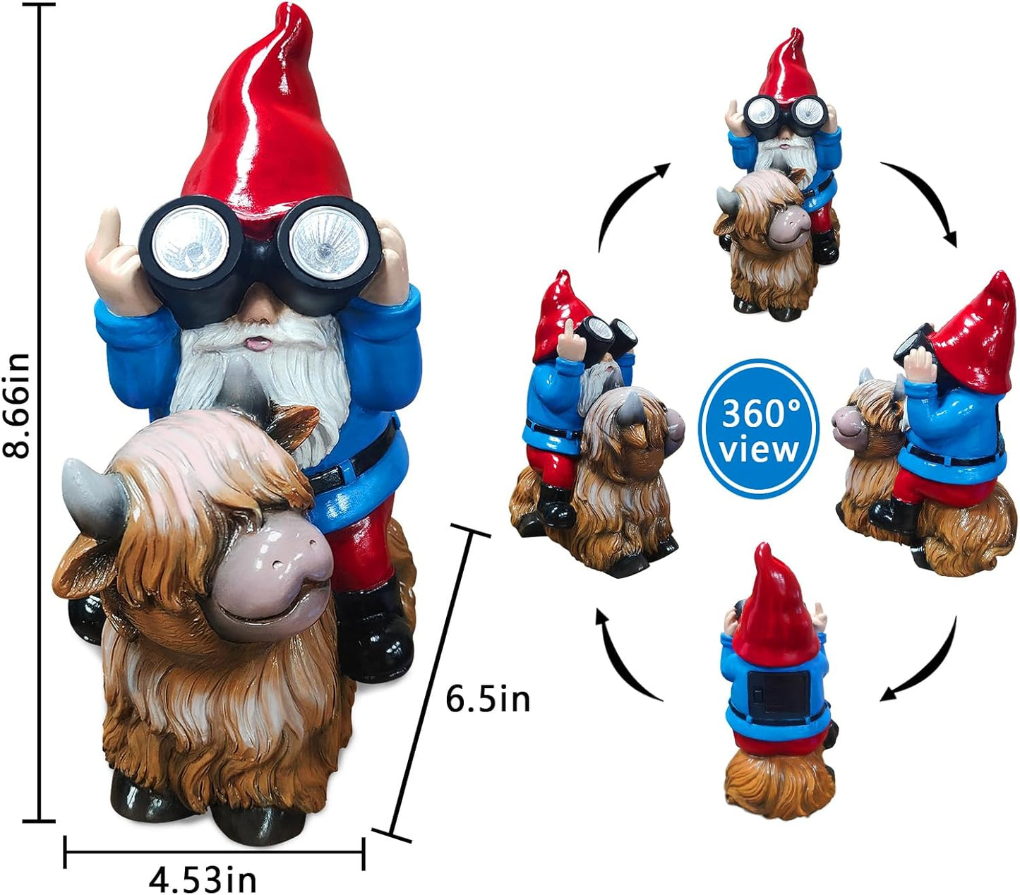 Christmas Gnome Decorations Statue - Garden Gnomes Solar LED Telescope Lights Sitting on Highland Cow Outdoor Patio Lawn Yard Balcony Home Decor Gnomes Gifts for Women Mom