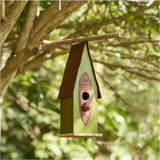 Glitzhome Bird Houses for Outside, 13.25" H Distressed Green Solid Woo