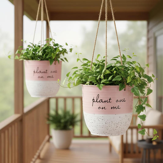 Blue Sky Clayworks Patricia Hanging Flower Pot, 6" x 5", Blush Script Charm for A Sunny Corner