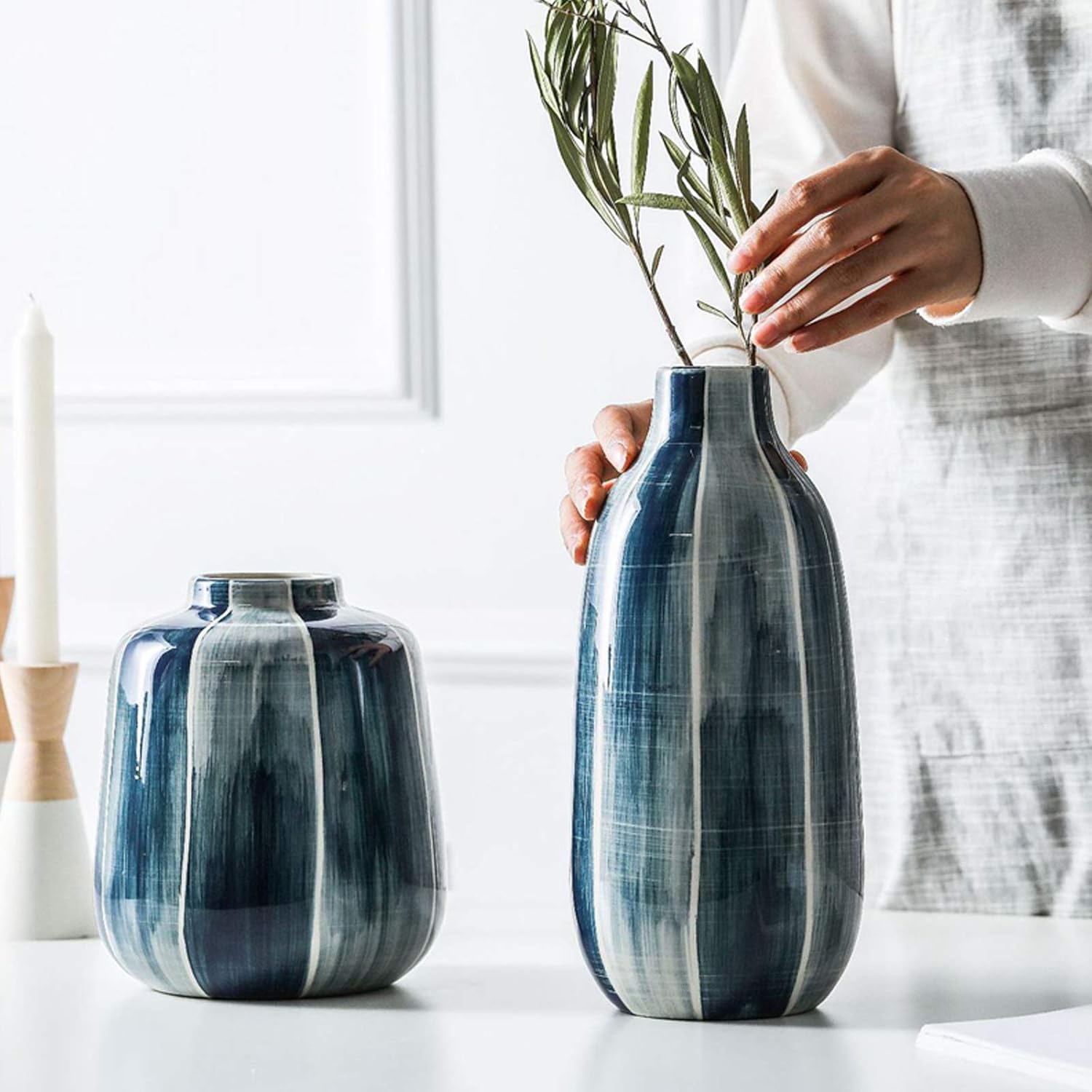 Ceramic Vase Blue Highlight Minimalist Water Planting Container Pot Ho