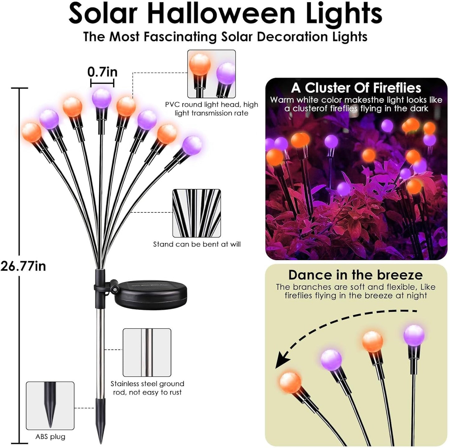 6Pack Total 48 LED Purple and Orange Solar Halloween Lights Outdoor - Solar Firefly Lights Outdoor, Sway by Wind, Waterproof for Garden Patio Pathway Halloween Decorations