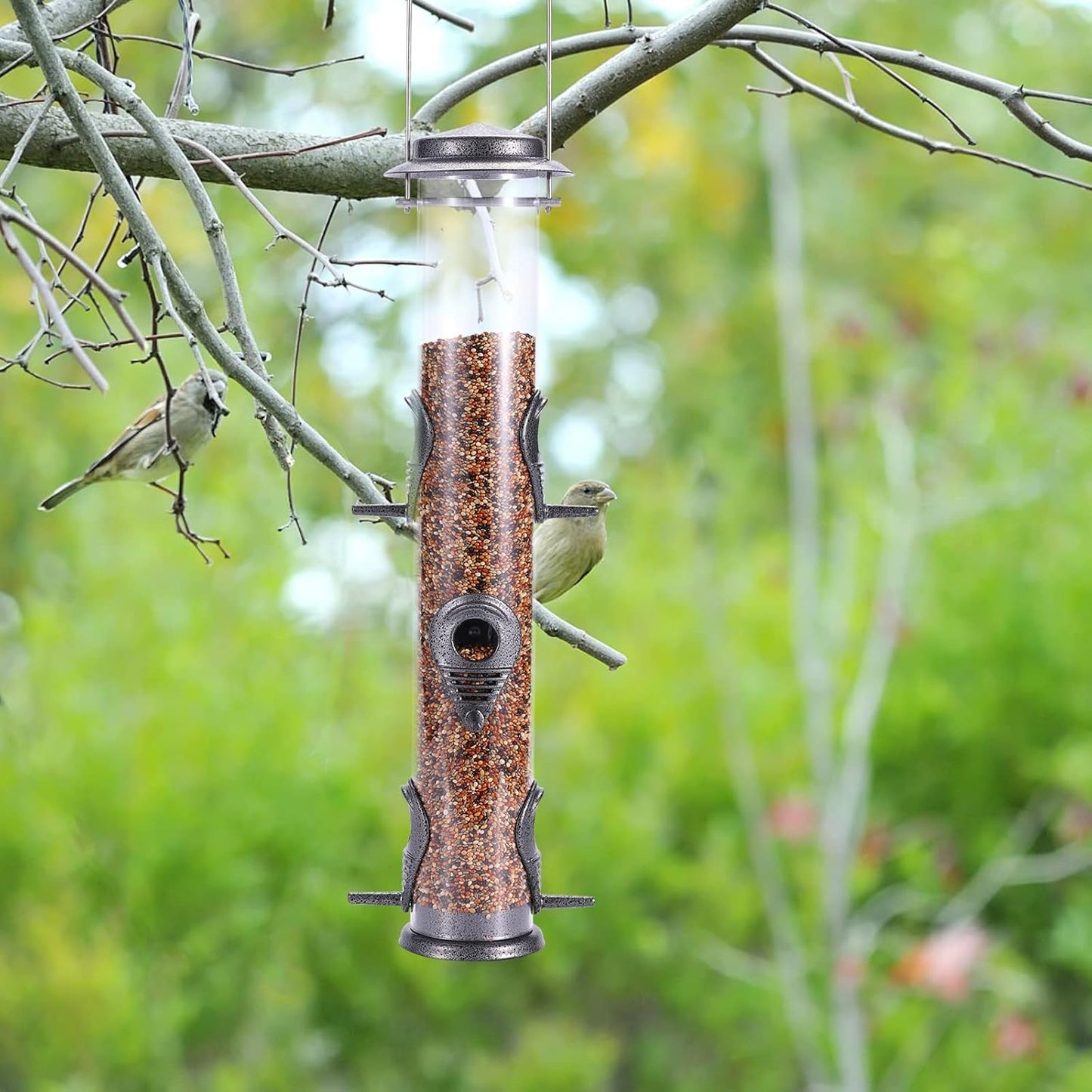 MIXXIDEA Metal Wild Bird Feeder, Squirrel Proof, Hanging 6 Port Tube Transparent Finch Feeder for Attracting Birds in Lawn, Garden, Balcony - Gray