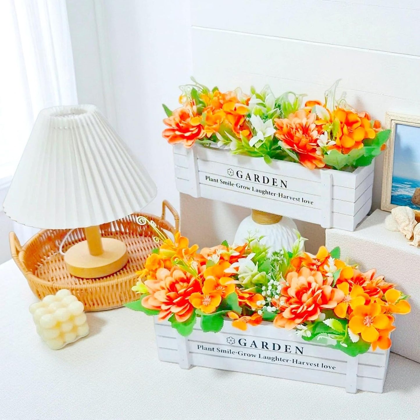 Artificial Fall Flowers in Rustic Pots,12in Autumn Fake Silk Orange Flowers,Thanksgiving Decorations,Faux Floral Arrangements for Weddings, Home Yard Garden Window Box Pot Planters (Orange)