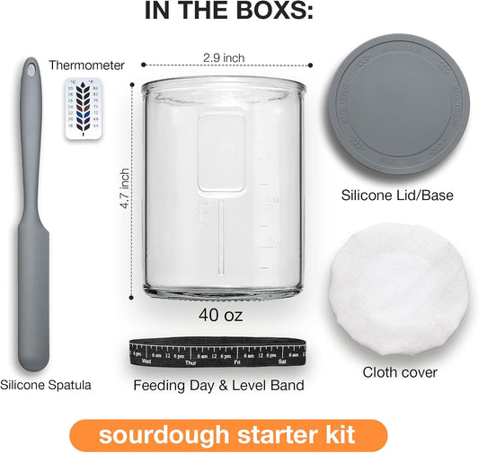 Premium Pro Sourdough Starter Jar Kit - 40oz Large Wide Mouth Sourdough Bread Jar with Marked Feeding Band, Thermometer, Scraper, Cloth Cover and Silicone Lid/Base, Glass Container, Baking Supplies