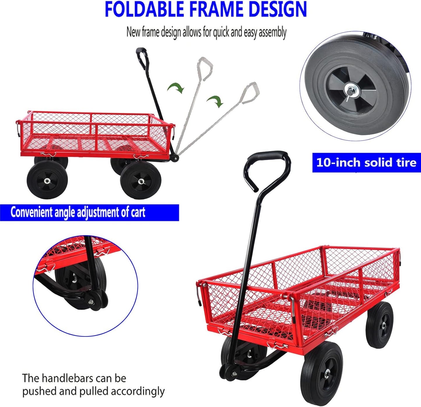 Garden Cart Outdoor Utility Wagon with Solid Wheels Beach Wagon,All Terrain Cargo Wagon with 280lbs Weight Capacity for Beach Garden Kids Children (Green2) (Red2)