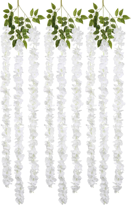 IPOPU White Wisteria Hanging Flowers Garland 6.4FT Wisteria Garland Hanging Flowers for Decoration for Wedding Arch, Backdrop, Garden Party Decor, 3 PCS (White)
