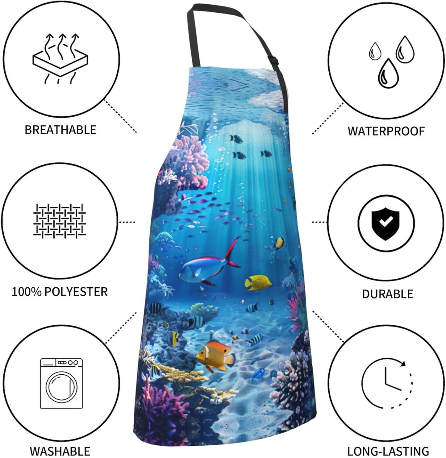 Colorful Ocean Theme print Waterproof chef's apron with pocket apron for kitchen cooking baking barbecue and gardening
