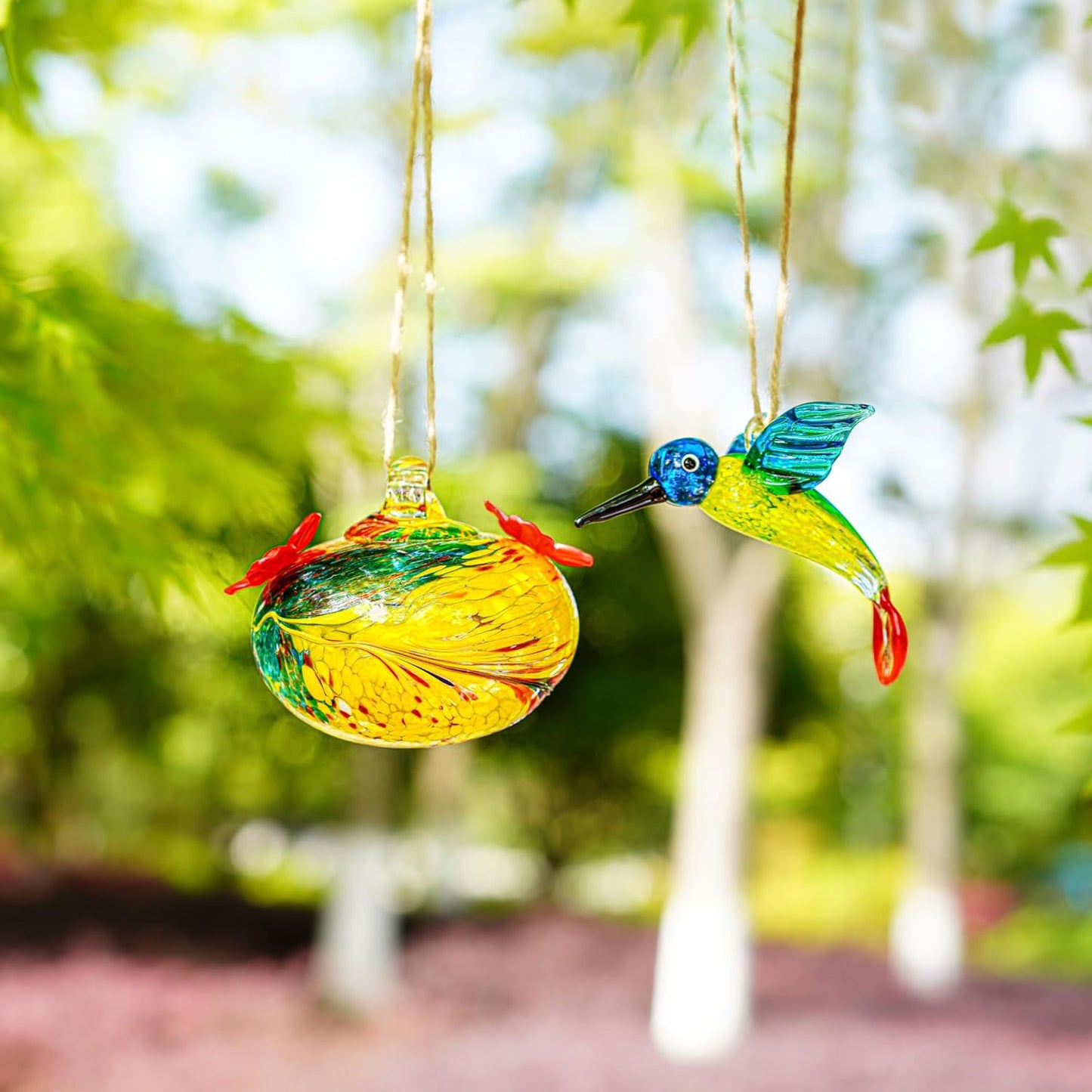 3inch Hand Blown Glass Hummingbird Feeders for Outdoors with 2 Feeding Ports Leak Proof Small Glass Humming Bird Feeder for Window Garden Patio Decoration