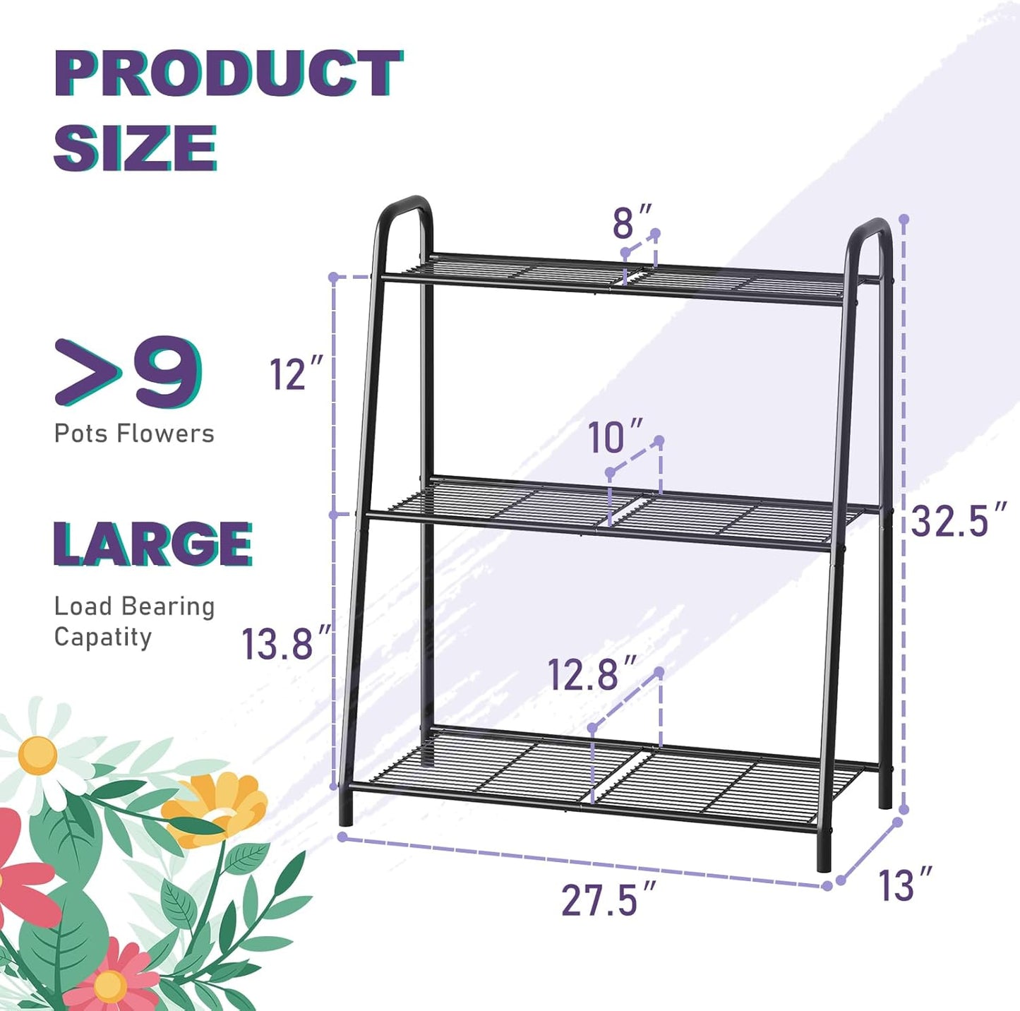 3-Tier Corner Plant Stand, Metal Black Flower Pot Rack, Indoor Outdoor