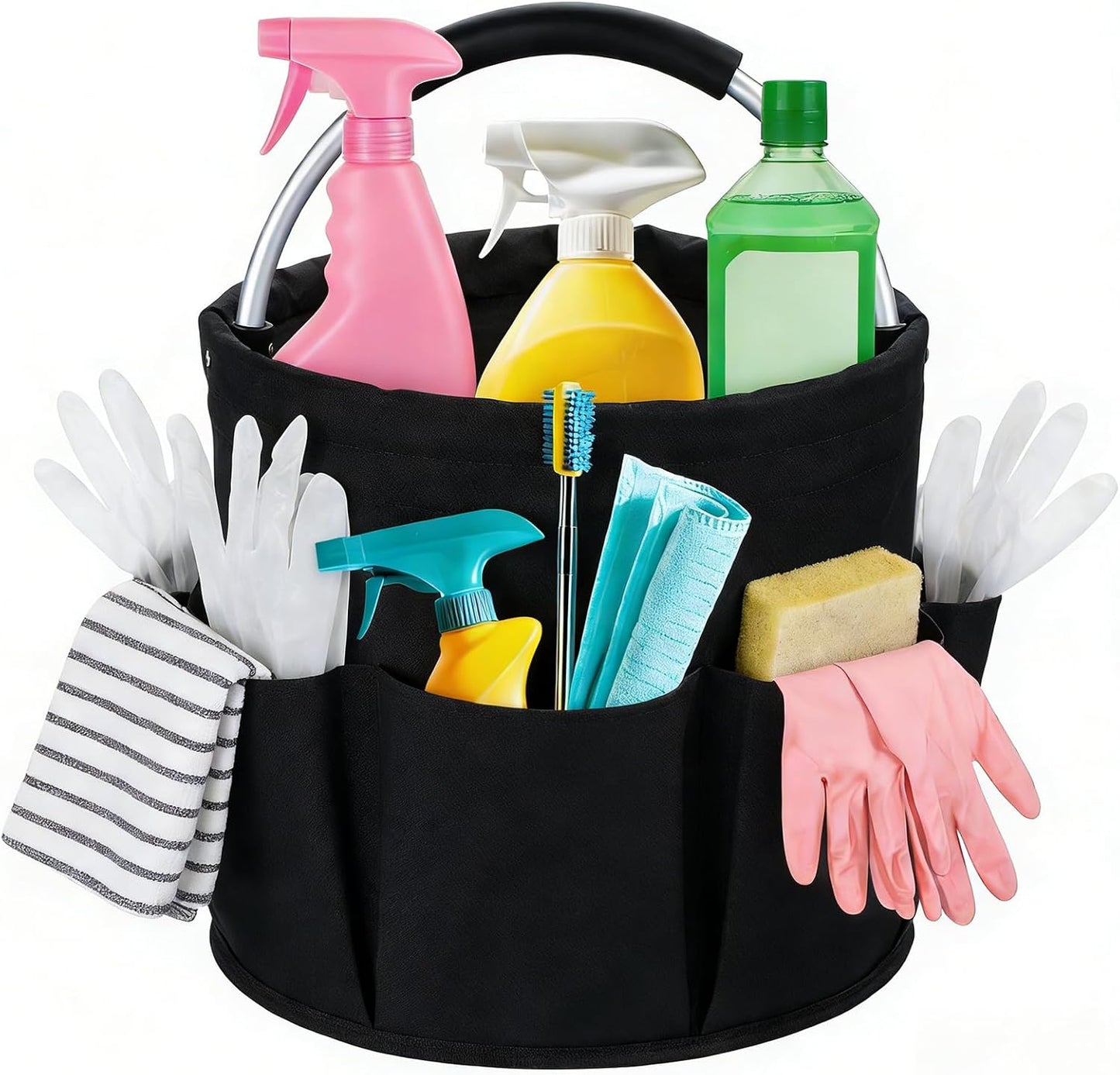 17L Foldable Cleaning Caddy with Handle - Portable Oxford Fabric Storage Bucket, Organiser for Cleaning Supplies, Toiletries, Home, Garden, Picnic & Beach (Black)