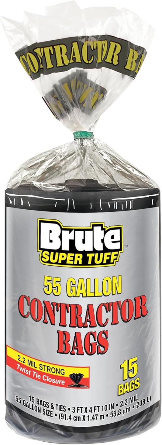 Brute Super Tuff Heavy Duty 2.2 MIL Contractor Bags, Extra Large Trash Bags, Twist Tie Closure, Black, 55 Gallon, 15 Count