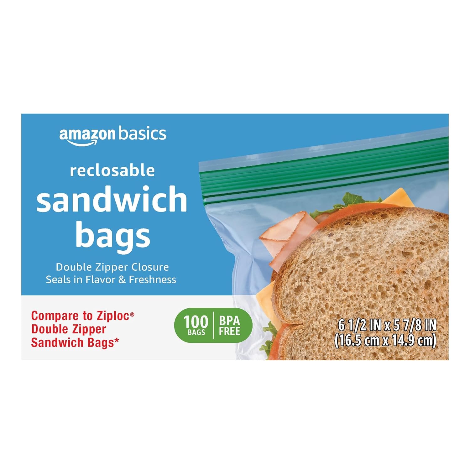 Amazon Basics Reclosable Double Zipper Sandwich Storage Bags for Food 