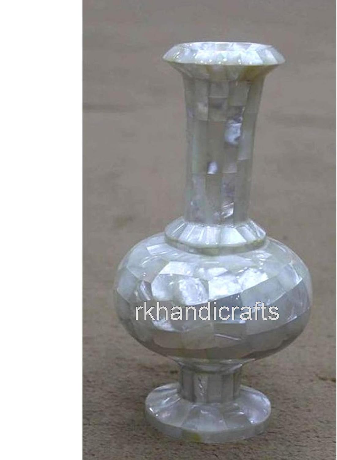 8 Inches Natural Stone Plant Stand with Overlay Work Marble Flower Pot for Hotel and Restaurant Decor