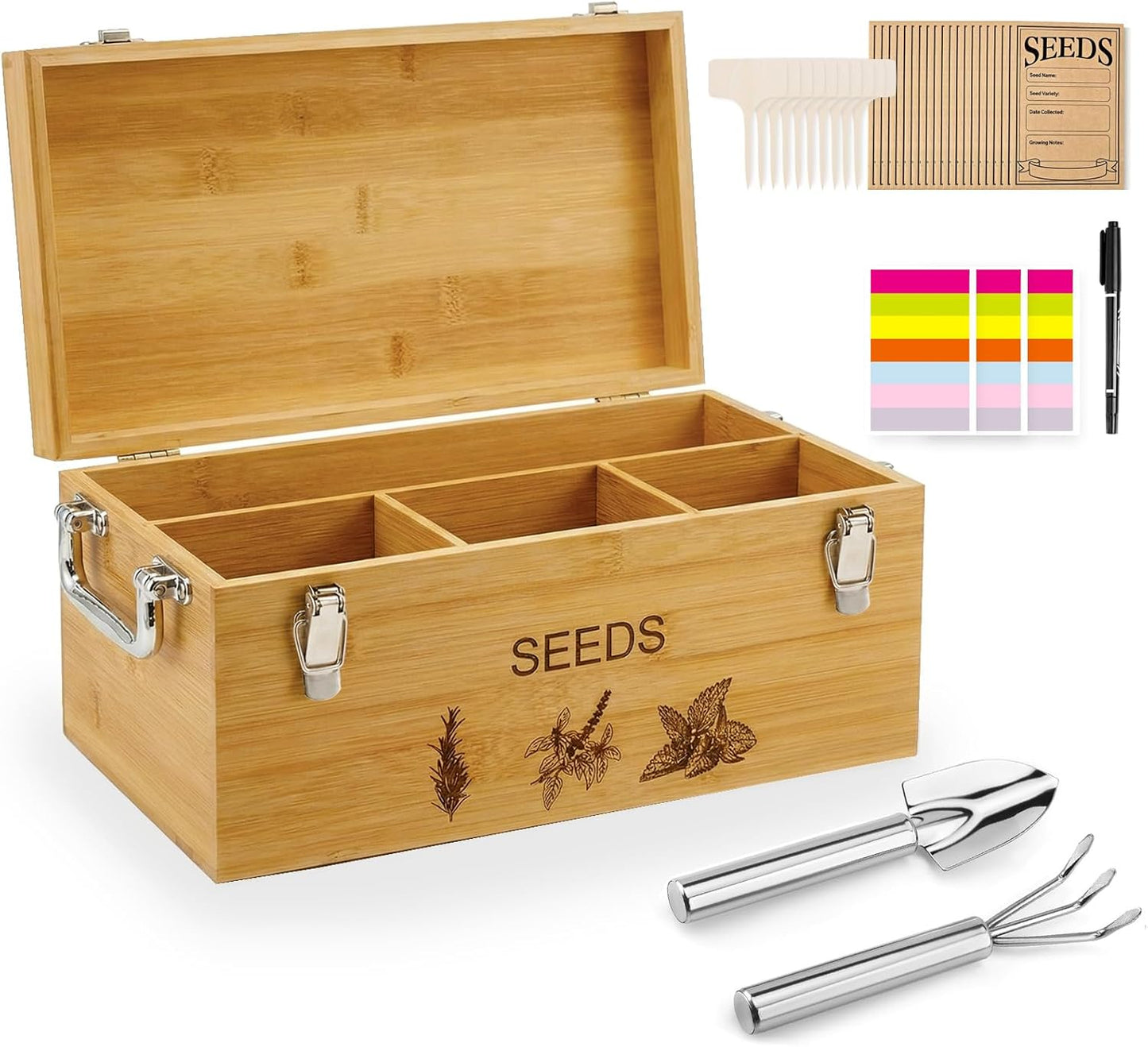 Natural Bamboo Seed Storage Organizer Box – Large Seeds Saver Kit Included Stainless Steel Garden Tools, 20 Seed Envelopes, 10 Wooden Plant Labels, Mark Pen & 3 Color Stickers