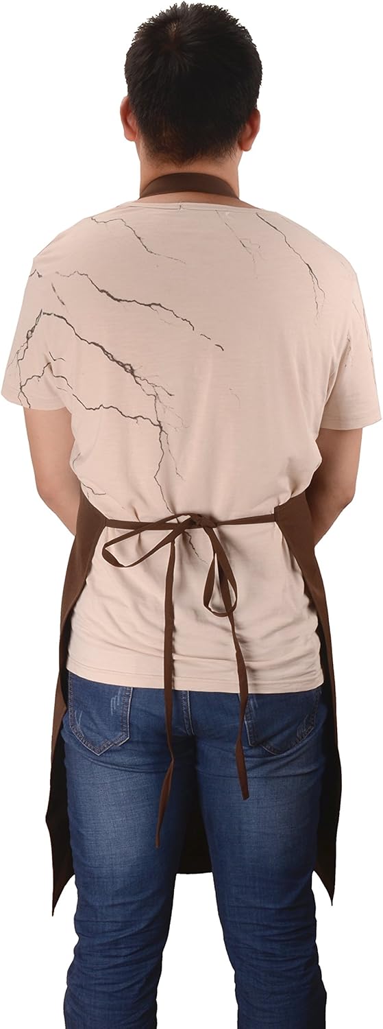 (5 set Brown Professional Resist Water Adjustable Extra Long Bib Apron 3 Pockets Home Kitchen Garden Restaurant Cafe Bar Pub Bakery for Cooking Chef Baker Servers Craft Unisex