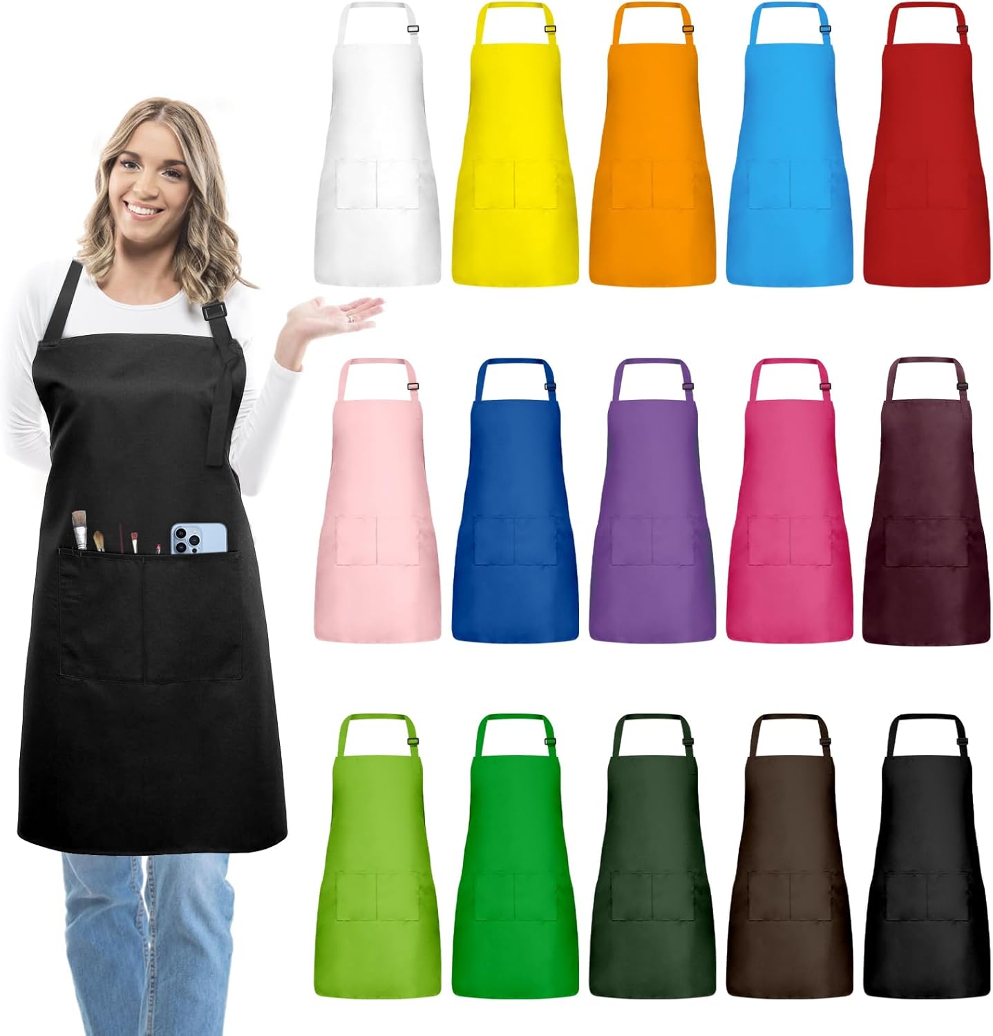 15 Pcs Adult Aprons Bulk with Pockets Adjustable Bib Chef Apron for Wo