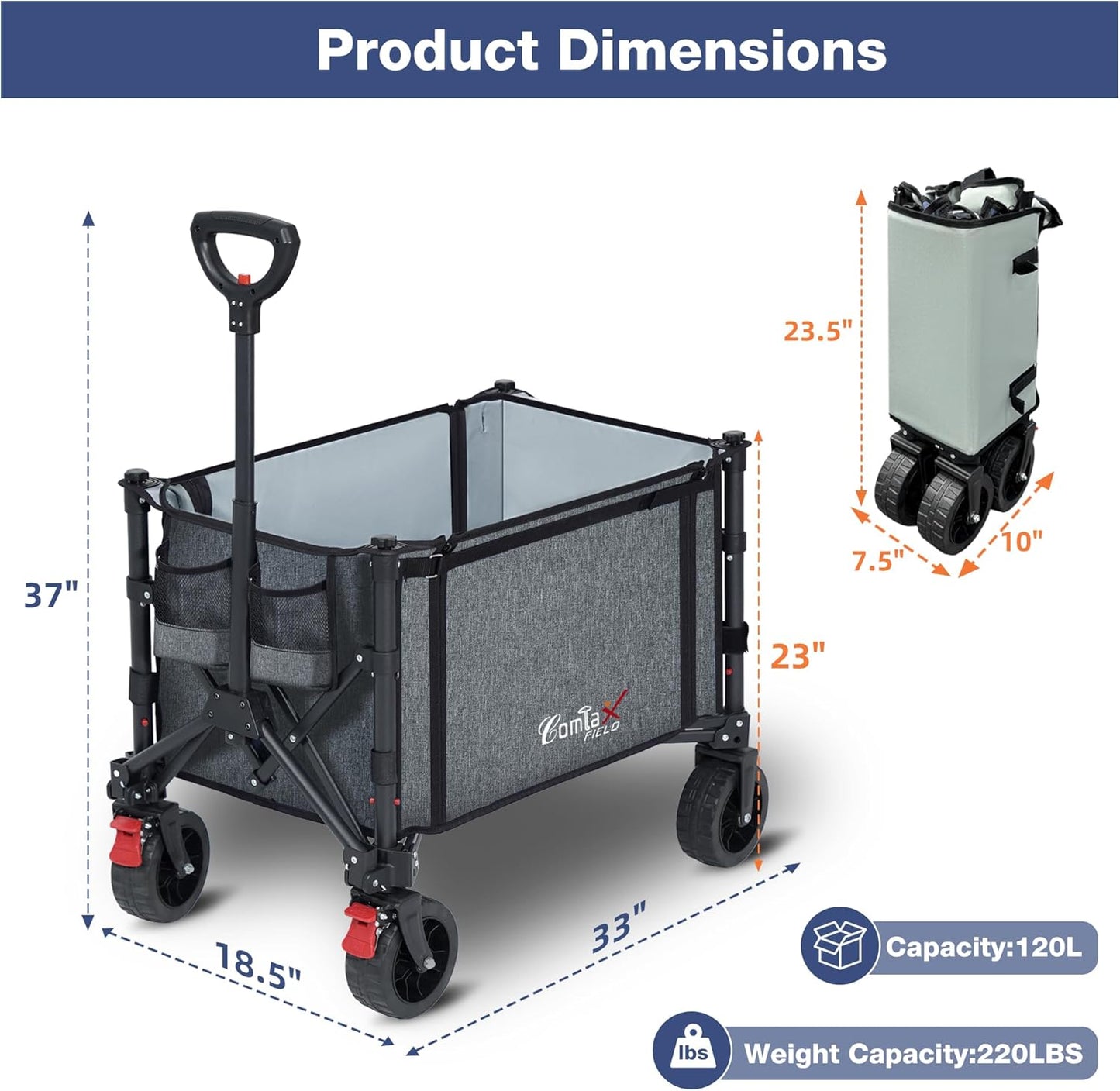 Collapsible Wagon Cart Foldable with Big Wheels Brakes, 250lbs Folding