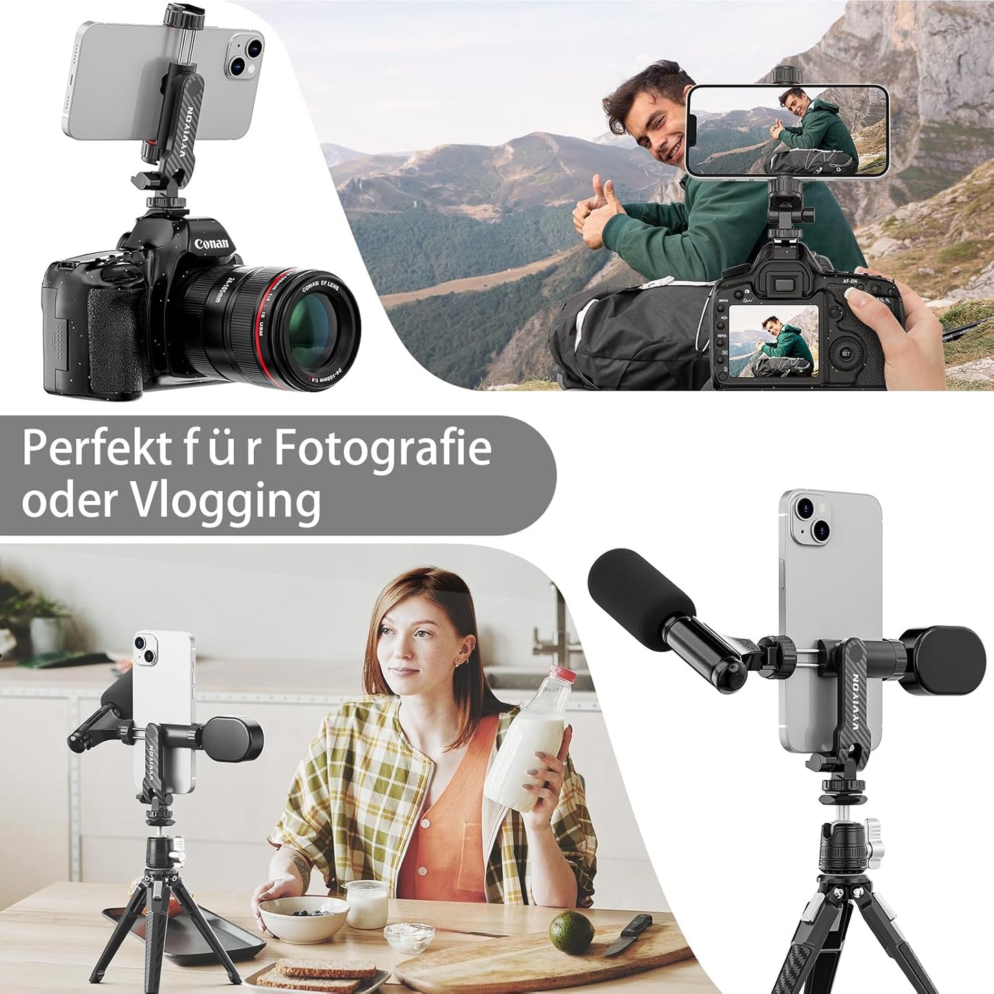 Cell Phone Tripod Mount, Tripod Phone Holder with 1/4" Screw 2 Cold Shoes, 360°Rotates 180°Tilts Adjustable Camera Hot Shoe Phone Mount for iPhone,Samsung, Selfie Stick, Camera Stand