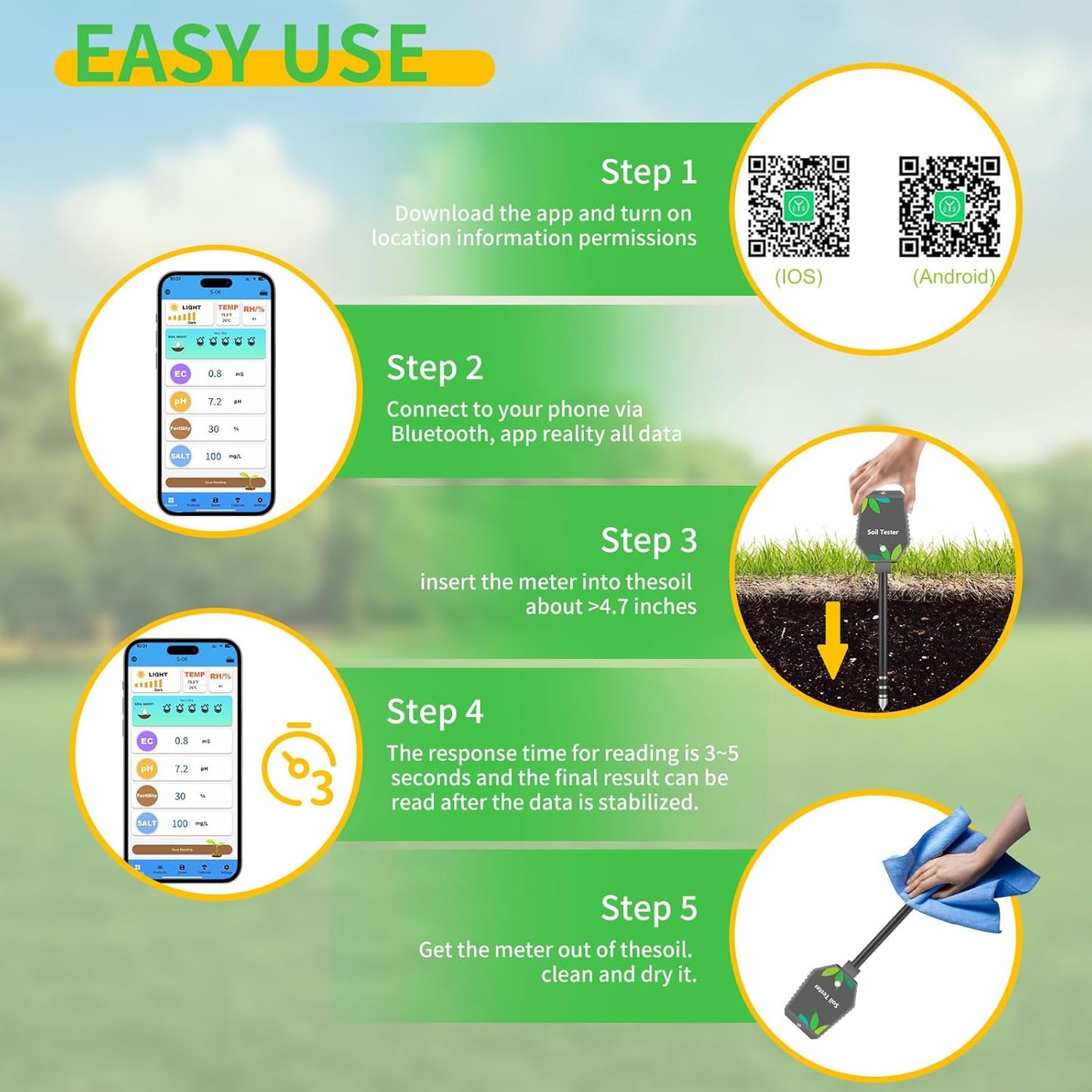 Soil Moisture Meter for Plants, 8-in-1 Soil pH Meter Moisture, Light, 