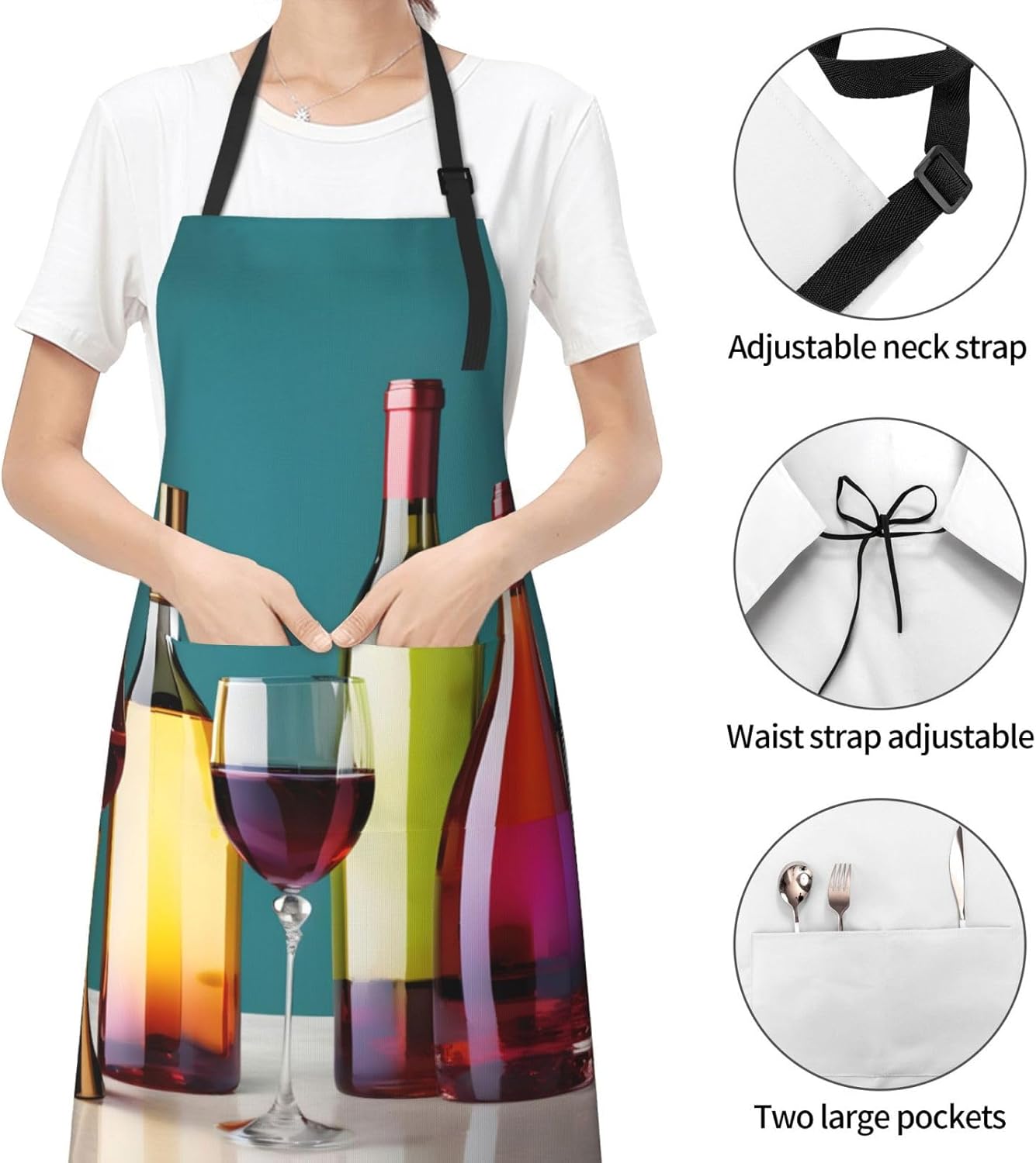 Cocktail Glasses and Wine Bottless Print Laundry apron 28x33 In Waterproof Kitchen Apron with Pockets for Cooking Baking
