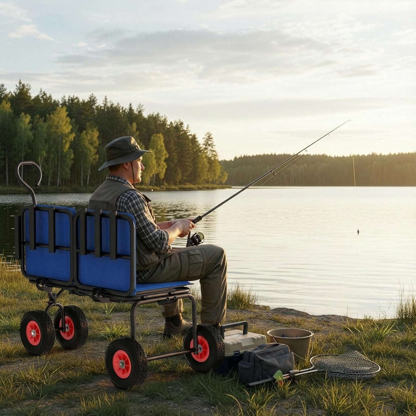 3 in 1 Beach Fishing Cart, Heavy Duty Garden Carts w/All Terrain Inflatable Tires, Folding Wagon Cart, Convert to Chair or Bench with Cushion, Rod Holders and Durable Oxford Bag