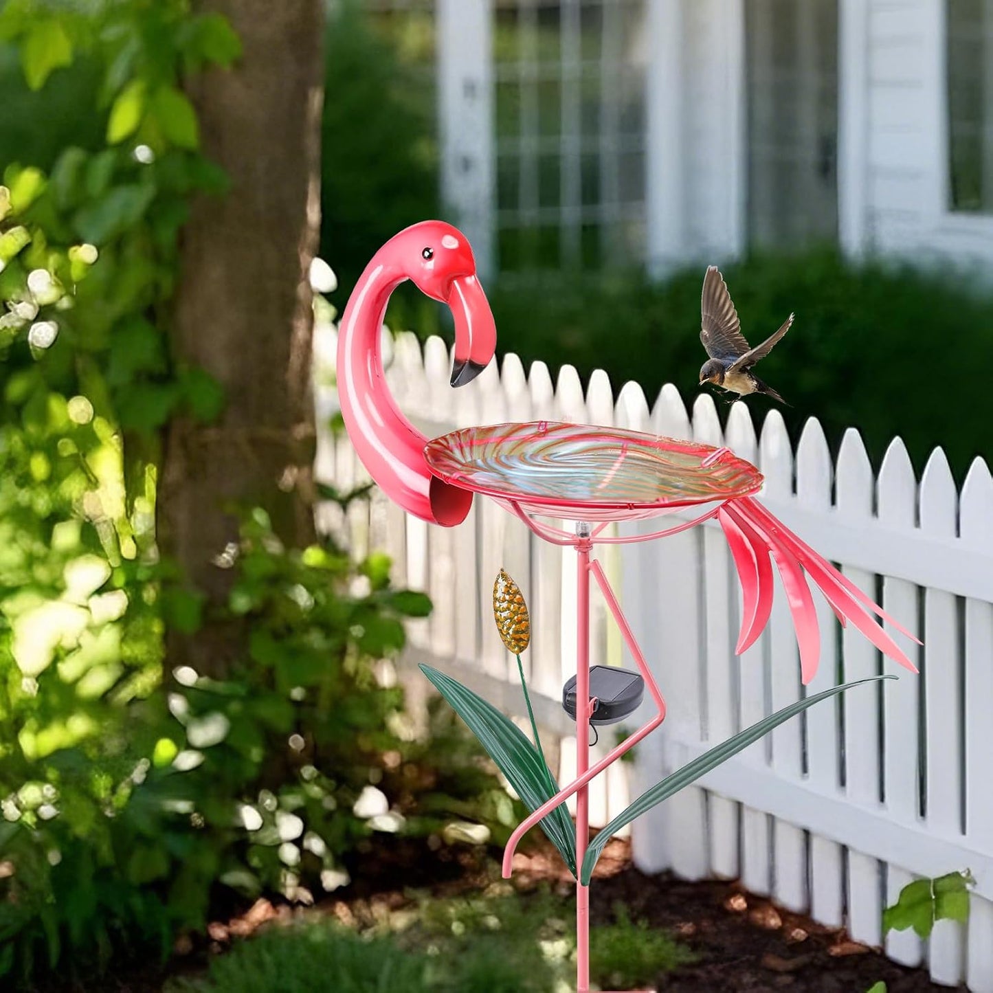 MUMTOP Flamingo Bird Bath with Solar Lights, Glass Birdbaths Birdfeeder Bowl with Metal Stake and Flamingo Decorations for Outside Garden Yard Lawn Outdoor