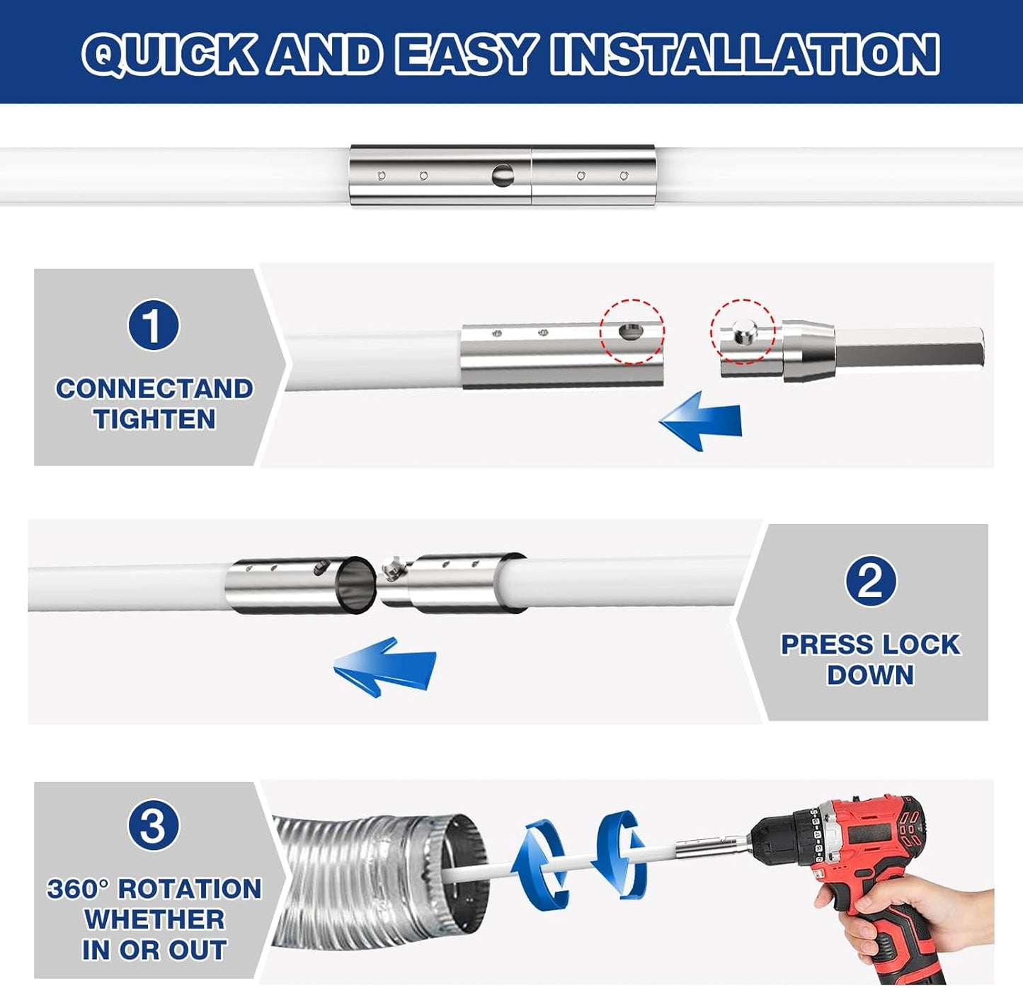 32 Feet Dryer Vent Cleaner Kit, Enhanced Flexible Quick Snap Brush with Drill Attachment for Effective Cleaning, 360 Degree Rotation Without Loosening, Use with or Without a Power Drill