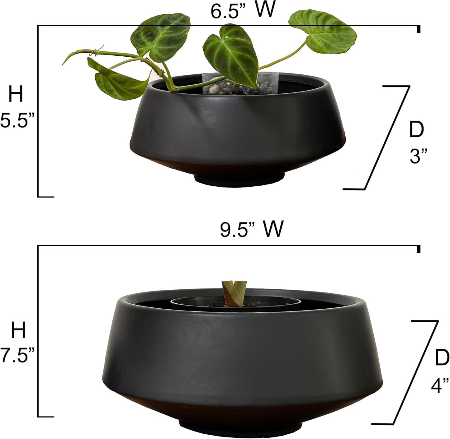 Admired by Nature Set of 6.5" & 9.5" Ceramic Flower Planters, Decorative Pot for Indoor Succulent Home Décor, Black