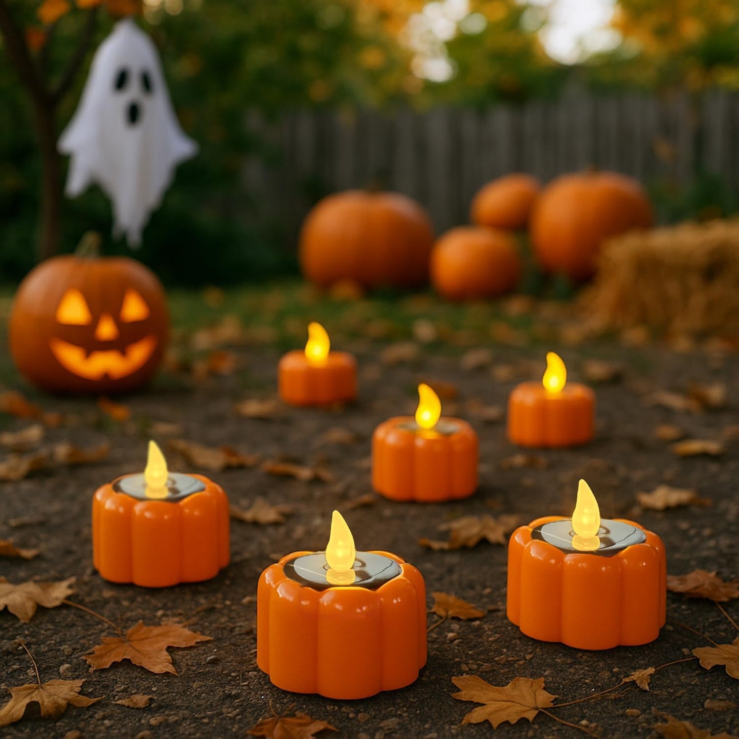 6PCS Orange Solar Pumpkin Tea Lights Outdoor Candle,Autumn Flameless Candles Battery Operated IP44 Waterproof Reusable for Halloween Christmas Party,Fall Garden Camping Home Decor
