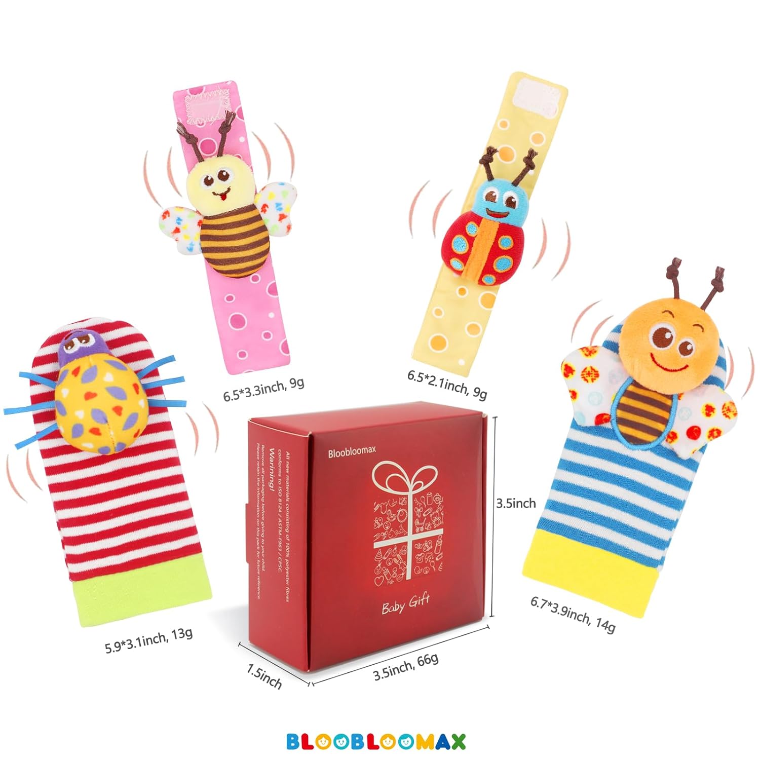 Bloobloomax Wrist Rattle Socks and Foot Finder Set, Infant Girl Boy To