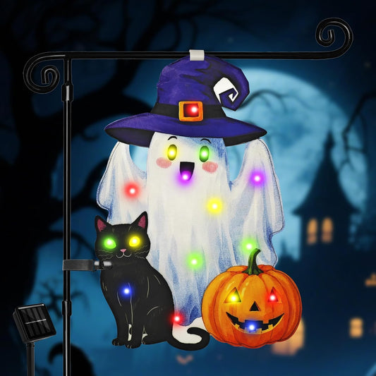 Lighted Shaped Halloween Garden Flags, 8 Modes Double-Sided Cute Solar Halloween Decorations Outdoor LED Flag, Yard Decorations for Patio Lawn Home Door Porch (Ghost Multicolor, 12x18)