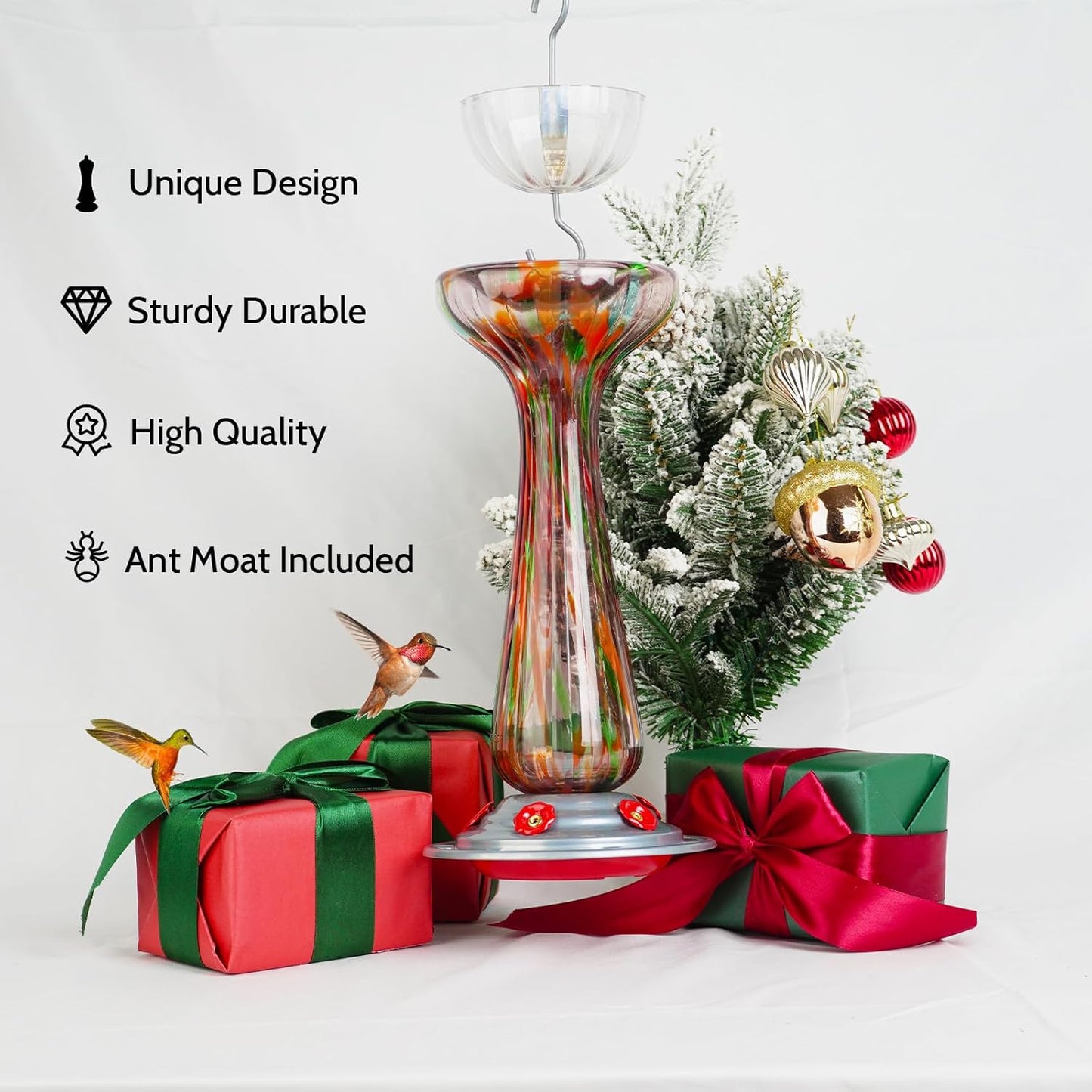 Hummingbird Feeder, Hand Blown Glass Large 27 fl.oz, Never Fade, 5 Fee