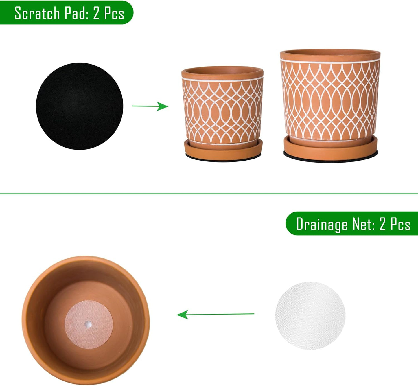 D'vine Dev Set of 2 Terracotta Pots, 4 Inch and 6 Inch, Planter Pots for Plants with Drainage Holes and Saucers, Terracotta/White, 31-958-C-1