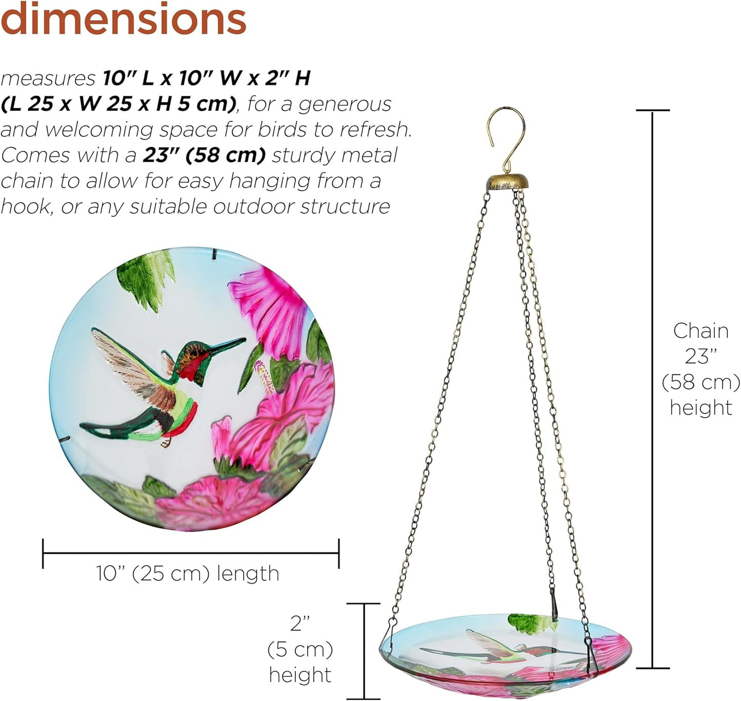 Alpine Corporation KBD150 Outdoor Hanging Glass Bird Feeder and Birdbath, Floral and Hummingbird Design with Chain, 10" W, Red/Green