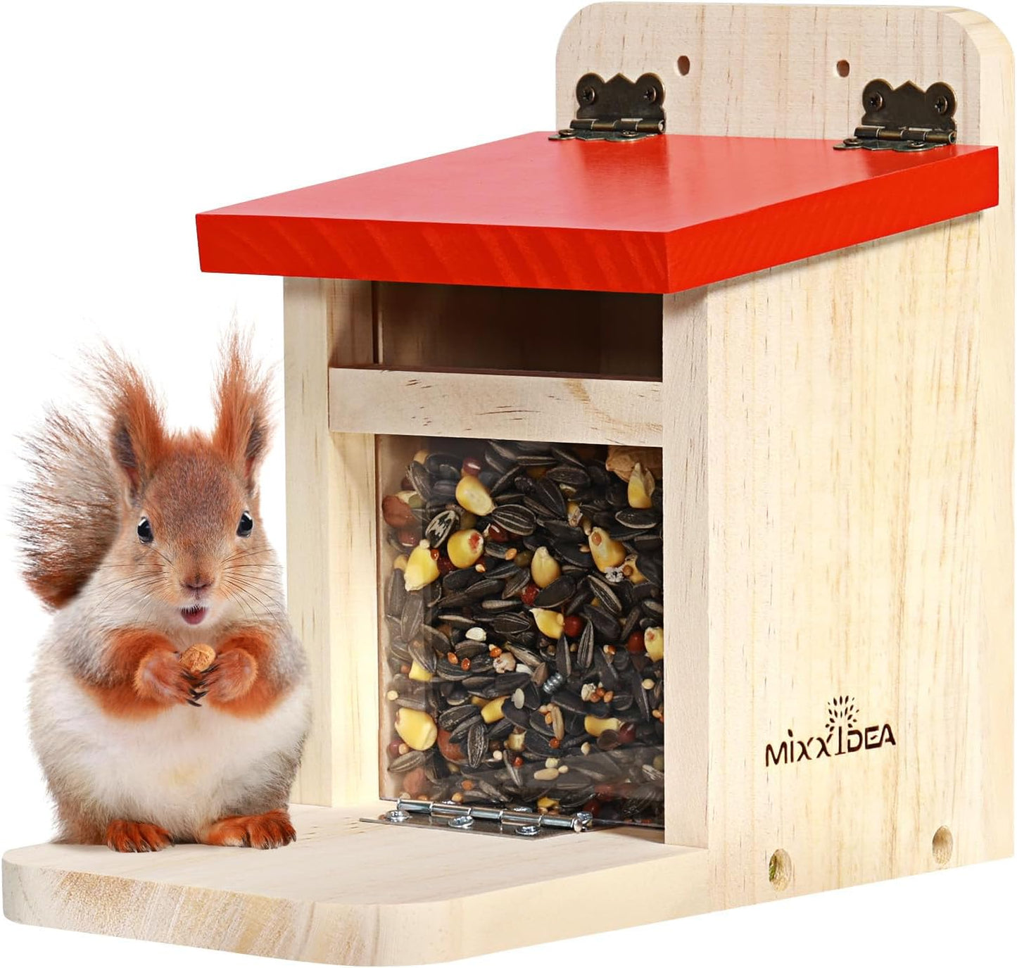 MIXXIDEA Squirrel Feeders for Outside Garden, Wooden Squirrel Feeder Box,Squirrel Feeding Stations with Green Cover, Easy to FillSquirrel Feeding House(Red-1pk)
