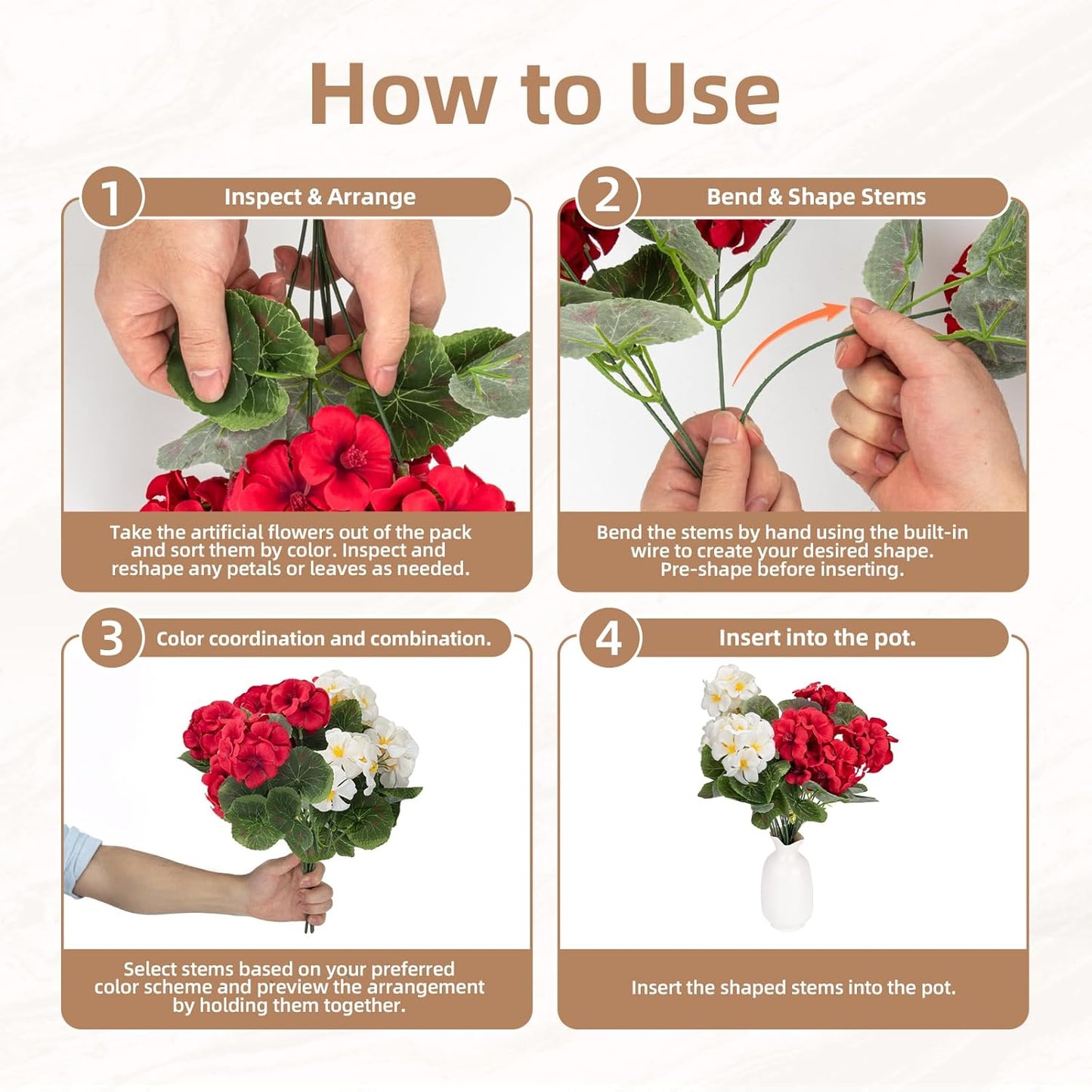 Artificial Flowers, Artificial Plants Outdoor, Artificial Geraniums, Realistic Fake Flowers, Porch Decorations, for Garden, Patio, Window Box, Party Wedding Decoration (6, Red, White)
