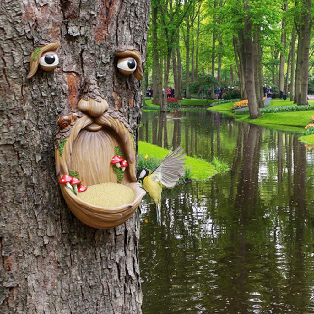 Tree Face Birdfeeder Outdoor Statues Tree Hugger Sculpture Whimsical Garden Decoration Wild Birdfeeder Wild Bird Feeders Outdoor Peeker Art Yard Decoration