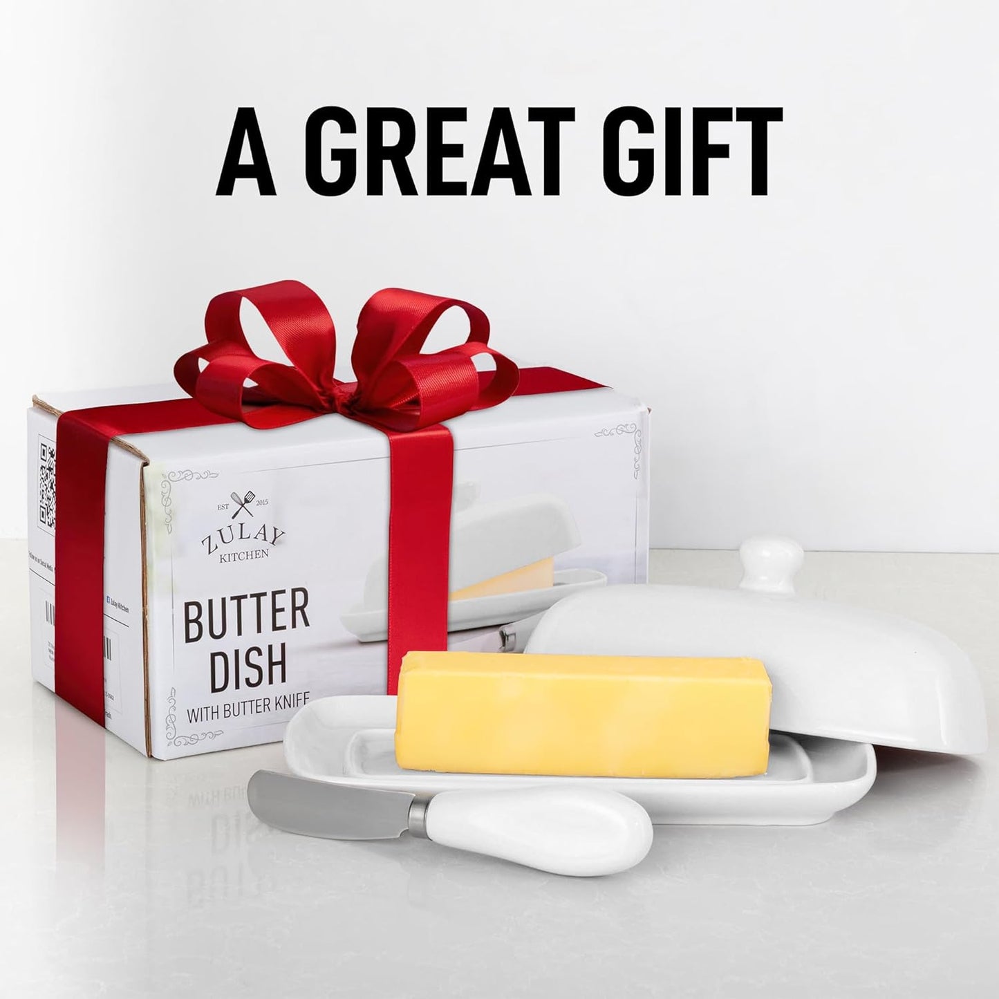 Zulay Kitchen Ceramic Butter Dish with Lid For Countertop & Stainless Steel Knife – Keeps Butter Soft & Fresh – White Butter Dish with Easy-Grip Knob, Durable & Everyday Butter Holder for Home - White