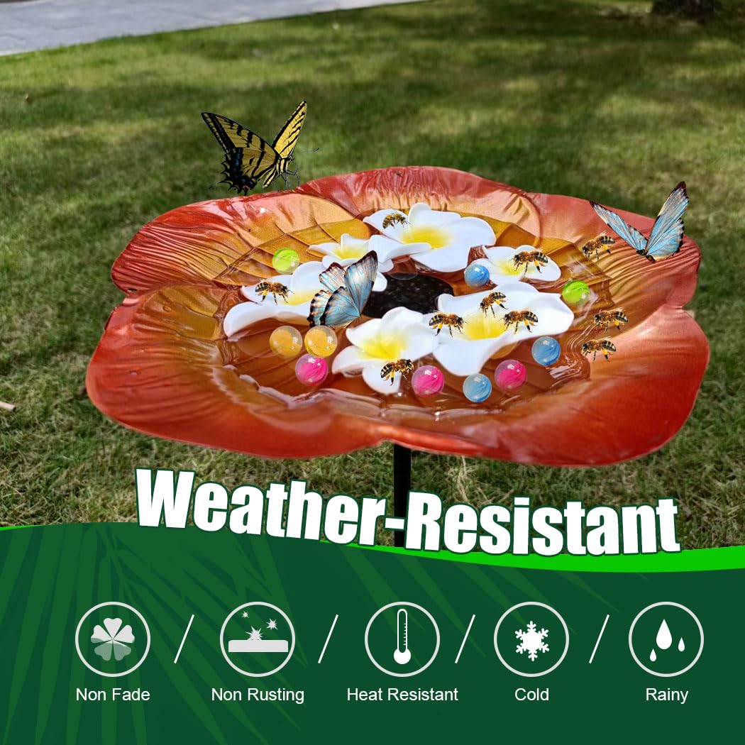 Bee Watering Station - Metal Waterer with 99.9% Pure Copper Line Keep Water Fresh/Plumeria Rubras & Colorful Marbles to Attract Bees/Butterflies/Hummingbirds, Nice Plant Shade Garden Decor Gift
