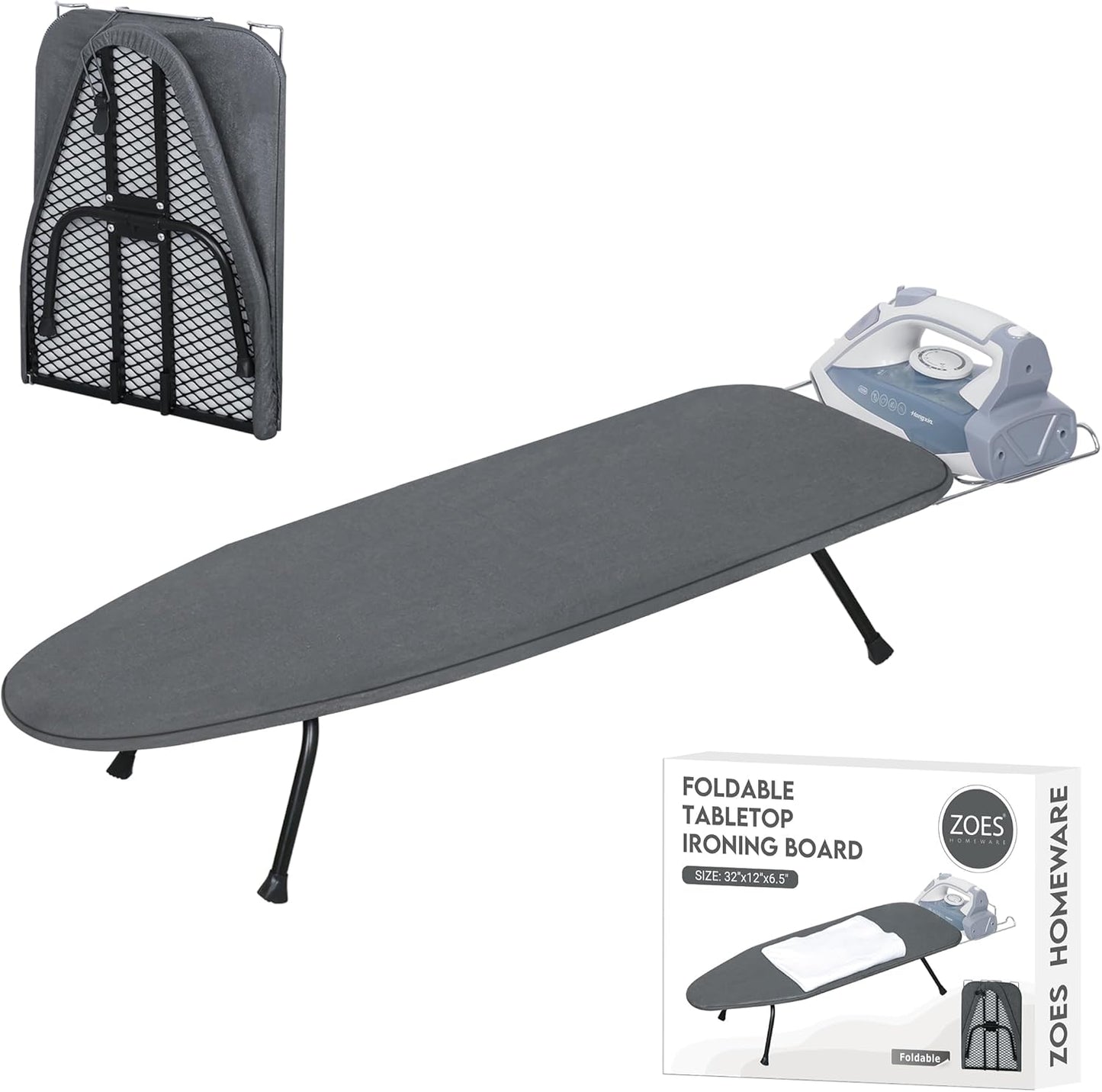 Metal Mesh Panel Tabletop Ironing Board | Foldable Iron Board | Heavy Duty Small Iron Board with Heat Resistant Cover and 100% Cotton 8mm Thicken Pad | 31.5"x11.8"x6.2"