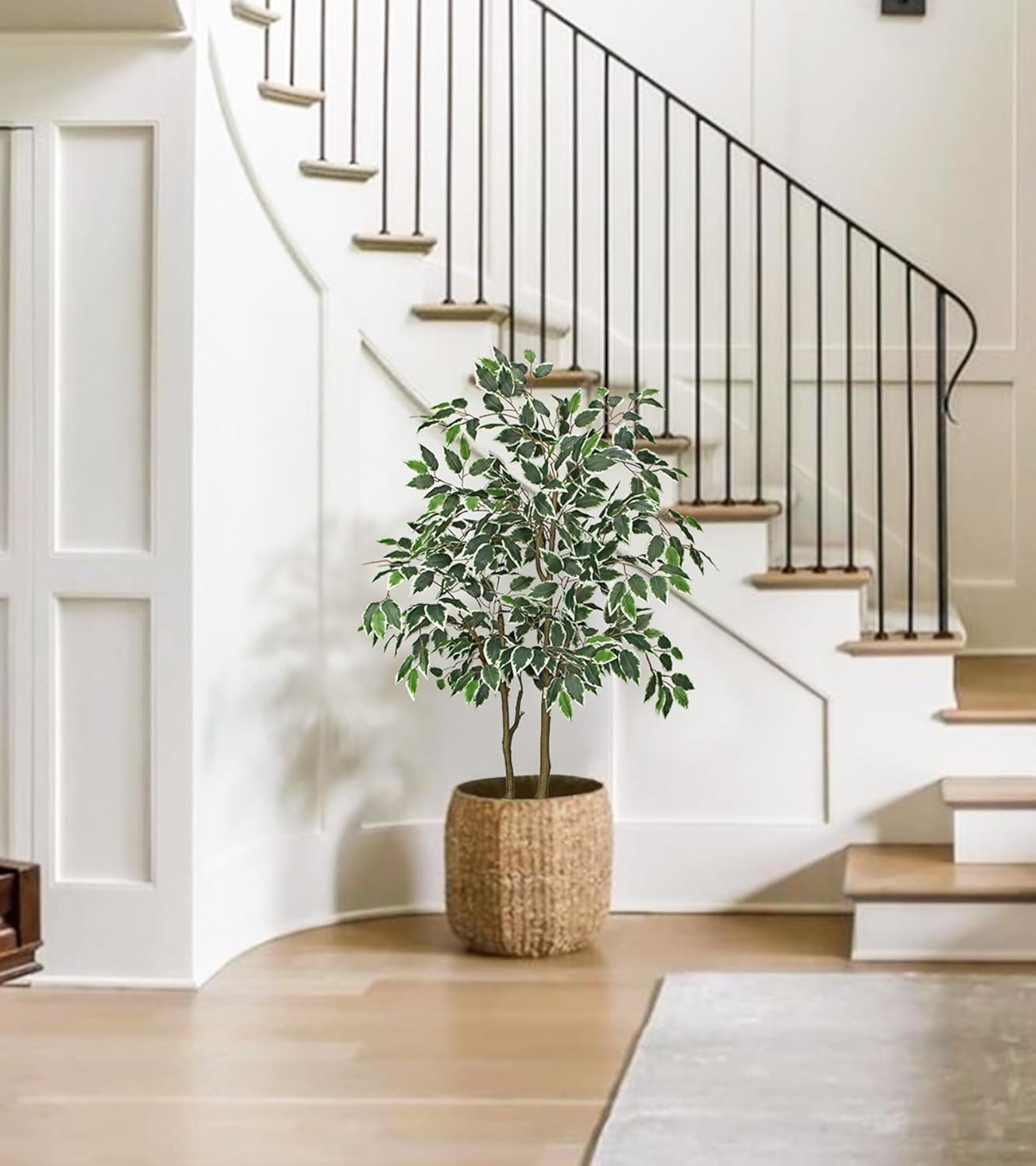 2 Pack Artificial Ficus Tree 4ft Silk Fake Ficus Leaves Plant 120cm Potted Faux Ficus Tree with Decorative Moss Dual Trunks Indoor Outdoor Big Fake Plants with Pot for Home Garden Office Livingroom
