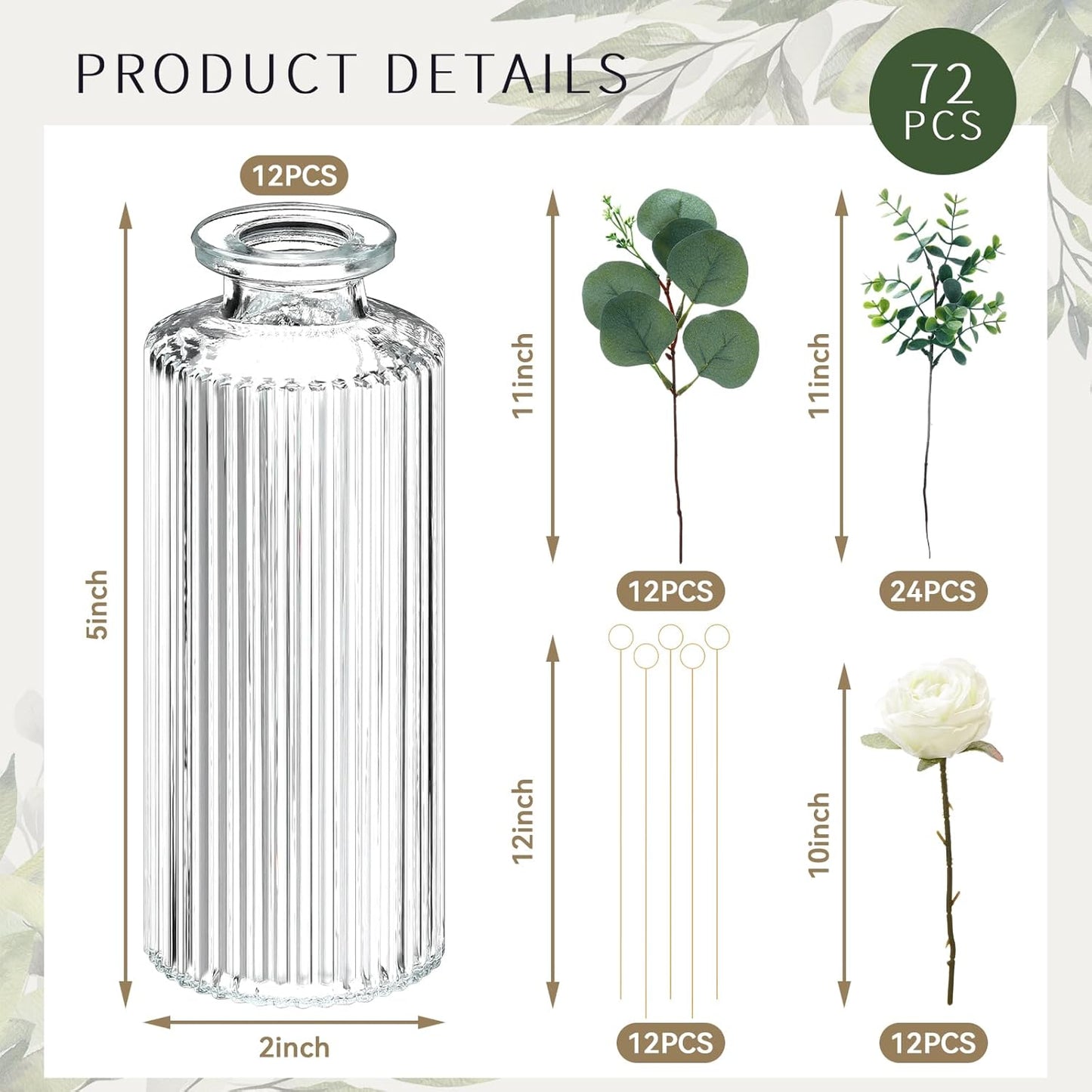 12 Set Artificial Flowers with Vases and Table Number Holder 72 Pcs Glass Bud Vases, Fake Plants and Card Holder Picks Flower Table Centerpieces DIY Set for Wedding Home Dining Party Decor