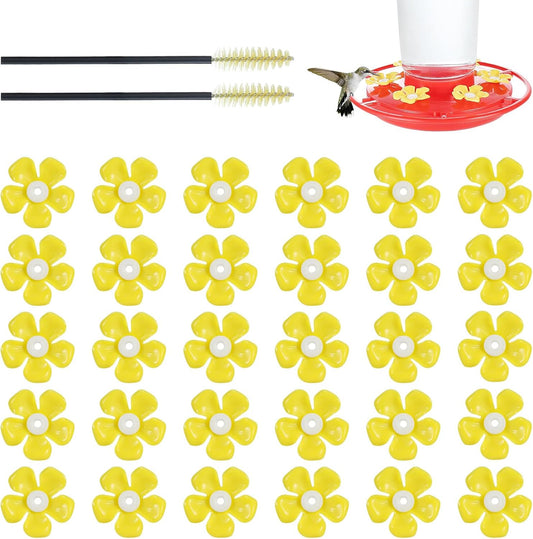 30 Pack Hummingbird Feeder Replacement Flowers, Bee-Proof Plastic Yellow Blossoms, Fits 0.24"-0.28" Feeder Holes, with 2 Cleaning Brushes for Easy Cleaning