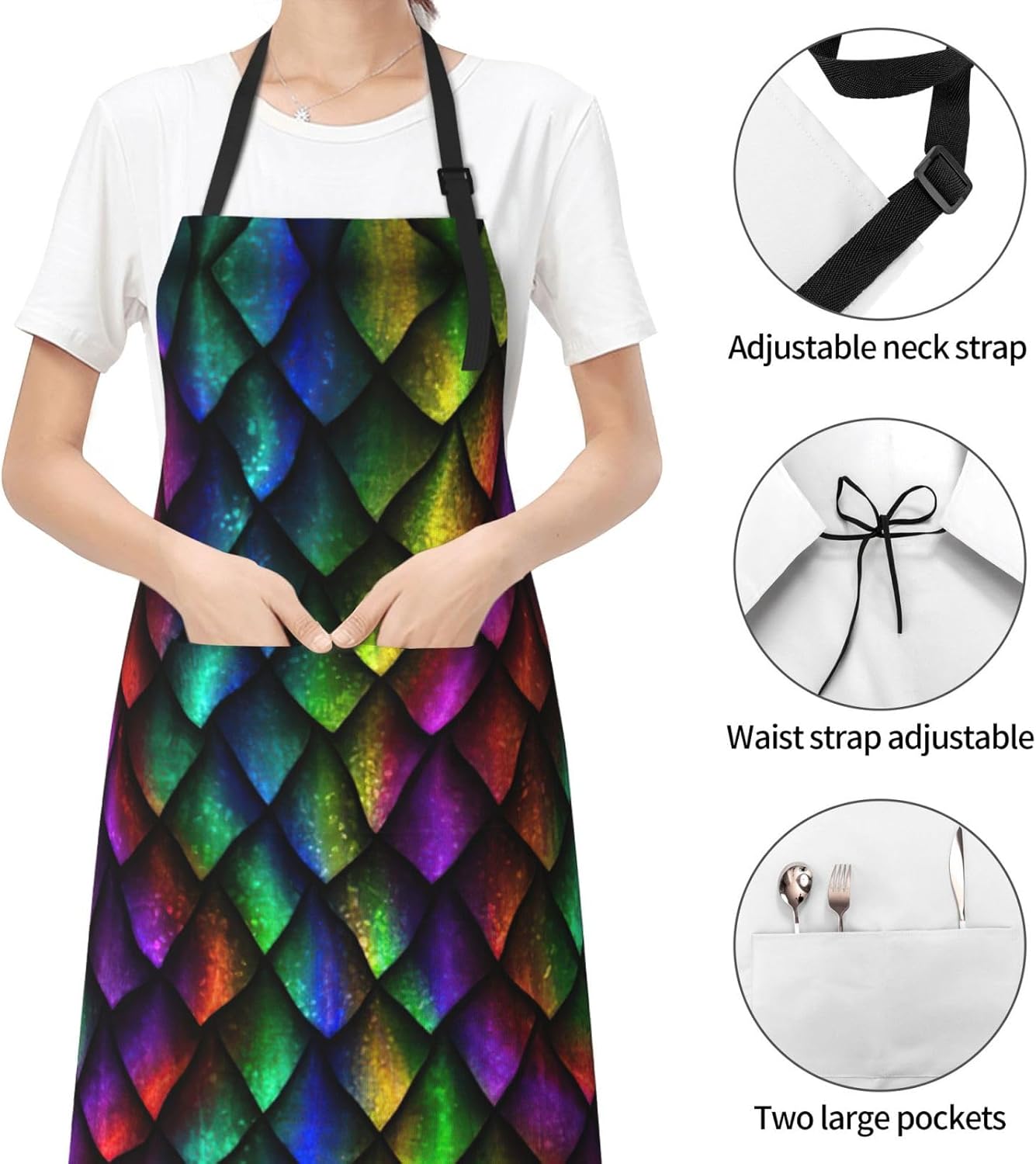 Dragon Scale print Waterproof apron with pocket adjustable cooking apr